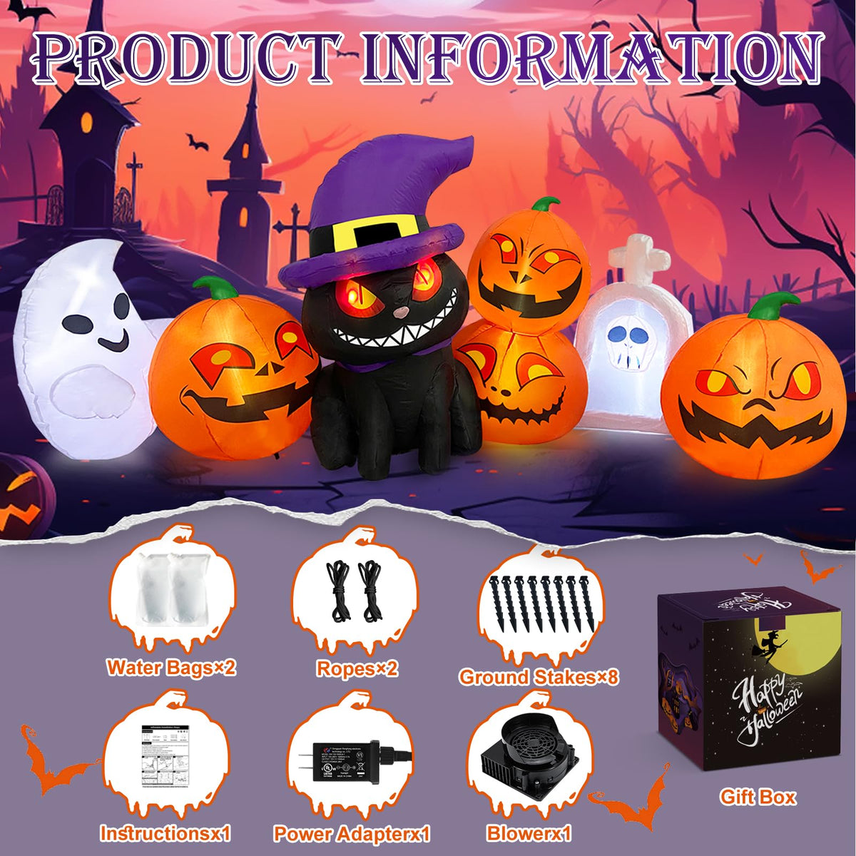 MICOCAH Halloween Inflatables Outdoor Decorations 8 FT Long Funny Pumpkin Black Cat Blow Up Lanterns Built-in LED Lights with Ghost Tombstone Scary Yard Decoration for Holiday Party Outside Lawn
