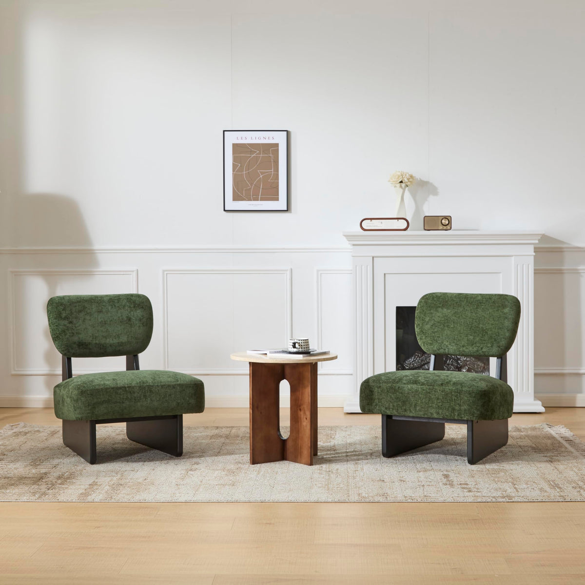 Christopher Knight Home Mores Low Profile Accent Chair Set of 2, Modern Living Room Armless Lounge Chair, Fabric Comfy Reading Chair for Bedroom, Wooden Frame and Thick Padded Seat, Black+Green