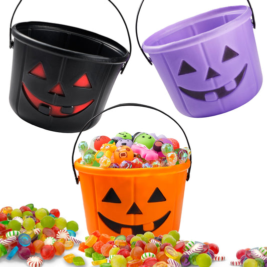 JOYIN 6PCS Halloween Trick or Treat Pumpkin Bucket, Orange Plastic Candy Bucket for Trick or Treating, Black Purple Jack O Lantern Basket and Pails with Handle for Kids Halloween Party Favor Supplies