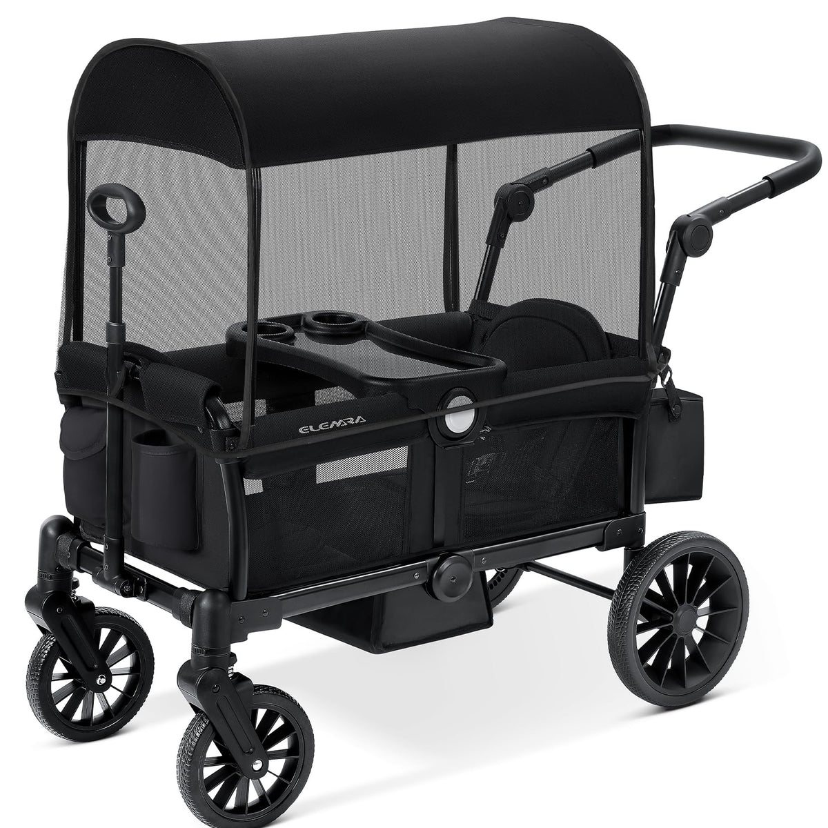 ELEMARA Stroller Wagon, 2 Seat Stroller for 2 Kids, Premium All Terrain Stroller for Kids w/Removable Canopy, Adjustable Push/Pull Handle, Large Storage Bag, Black