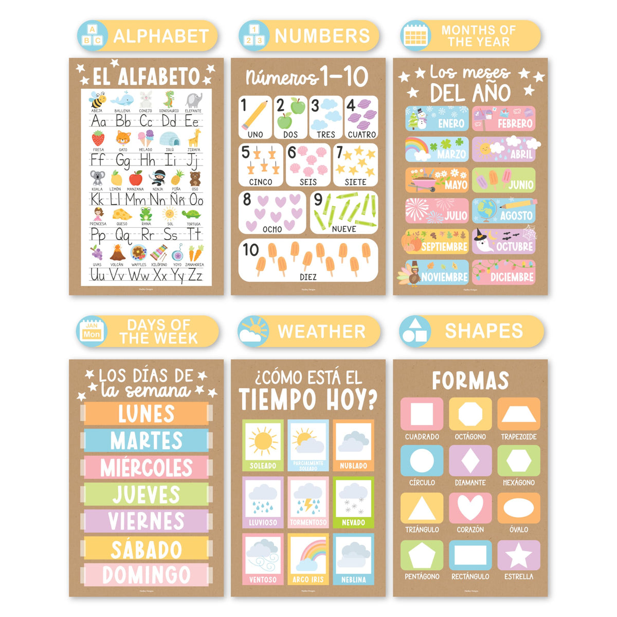 Hadley Designs Spanish Posters for Classroom - 12 Bilingual Educational Posters for Spanish Classroom Decorations Must Haves, Calendario y Alfabeto en Español Para la Pared, Kraft Teacher Supplies