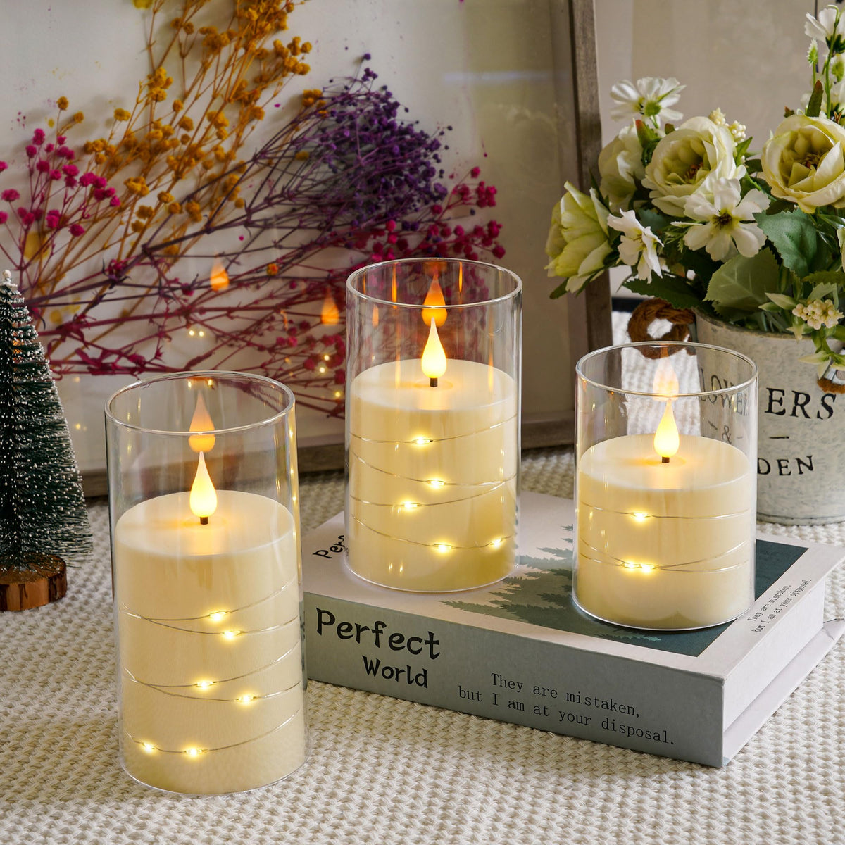 Da by 3 Pack Ivory Transparent Acrylic Flameless Taper Candles, Flickering Black Wick LED Candles with Fairy String Lights, Heat Resistant ABS Candles with Remote for Home Patio Decor