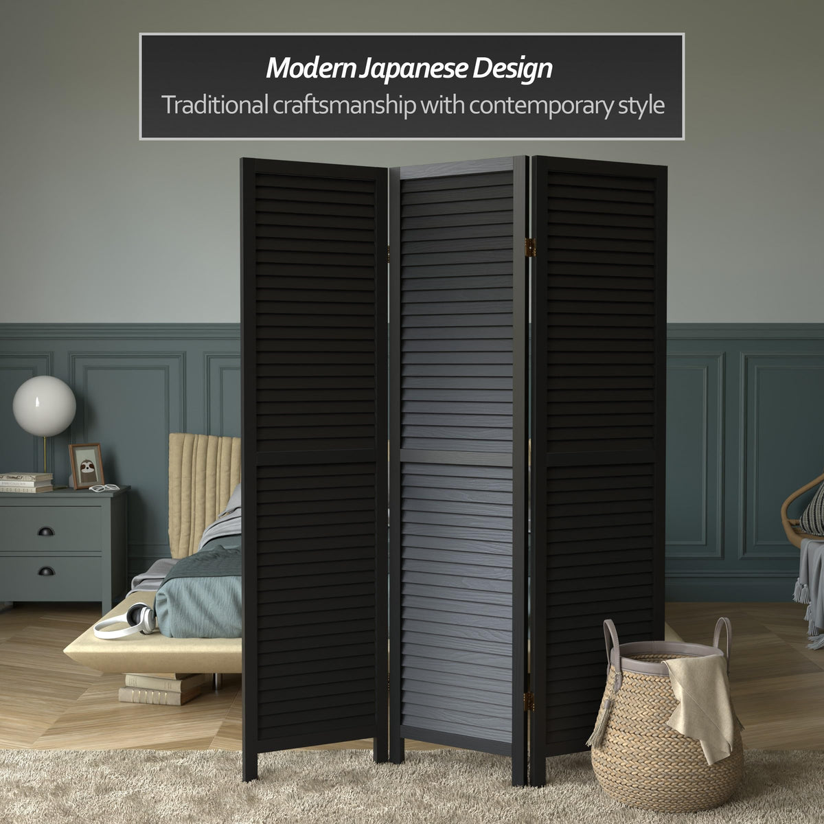Red Lantern 6 ft. Tall Wooden Louvered Room Divider Black 3 Panel
