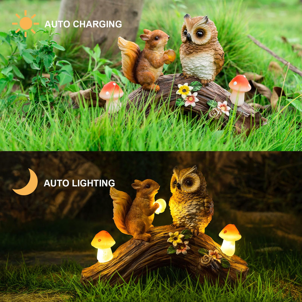 WONDHOME Solar Owl Garden Statues Outdoor Decor Resin Owl Squirrel Figurine with Mushroom Lights for Patio Lawn Yard Decorations Christmas Birthday Housewarming Gardening Gifts for Women Mom