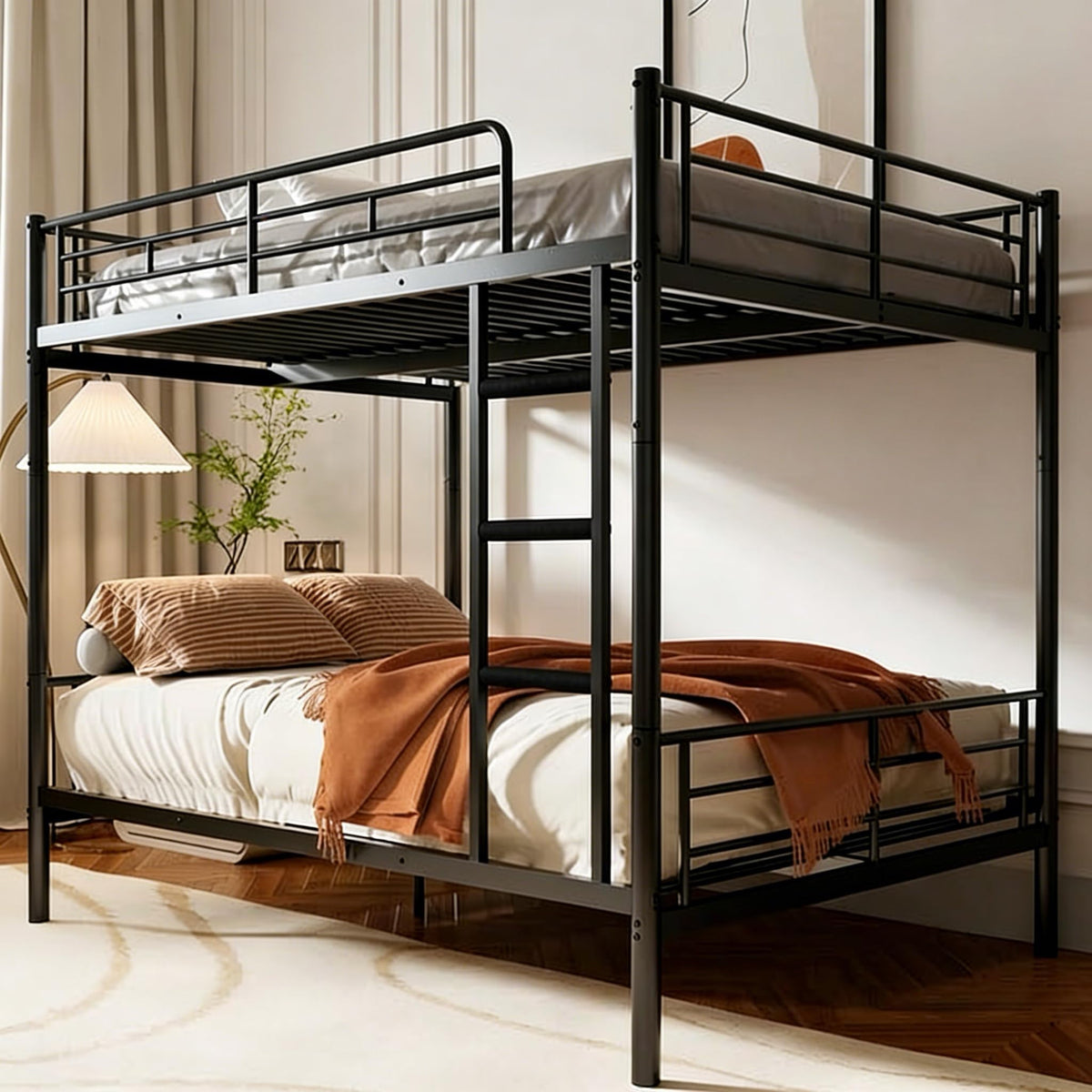 Mixcous Full Over Full Metal Bunk Bed for Adults & Kids, Convertible to 2 Separate Full Size Beds, Heavy Duty Bunk Bed Frame with Full-length Guardrail & EVA Padded Ladder, No Box Spring Needed, Black