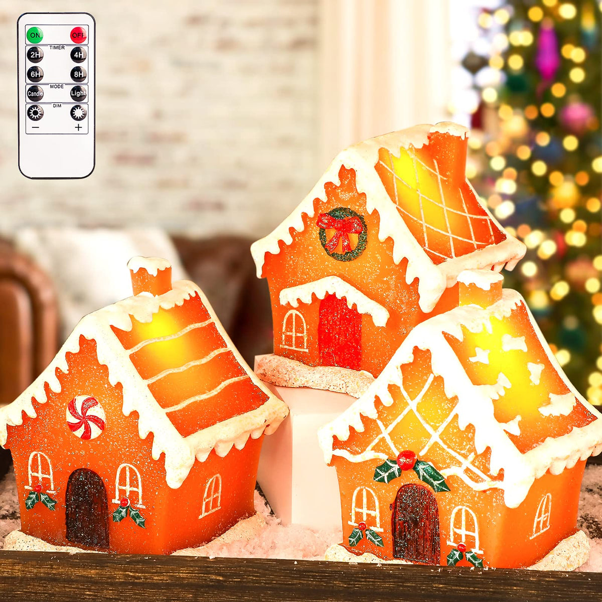 Christmas Gingerbread House Tabletop Decoration Lighted Christmas Village House Real Wax Battery Operated with Remote Flickering LED Light Christmas Village Decor for Mantel Desk Table Centerpiece