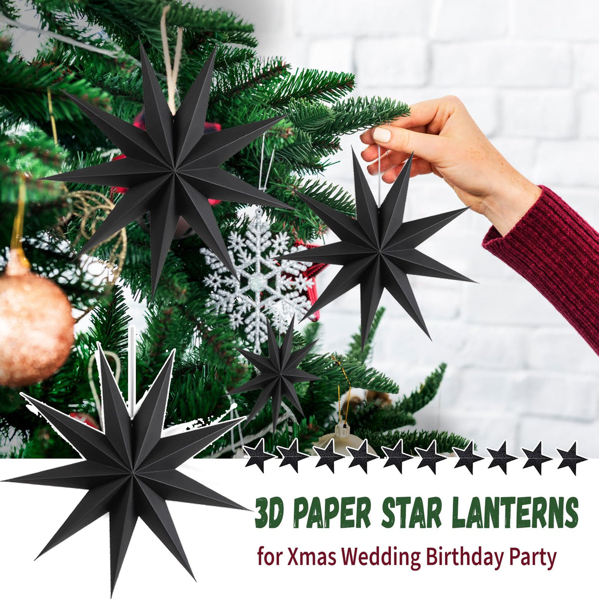 WNSIRVY 12 Pack 9-Pointed Large 3D Paper Star Lanterns Black Hanging Lanterns with Glitter Star Garland for Halloween & Christmas Parties & Weddings & Birthdays