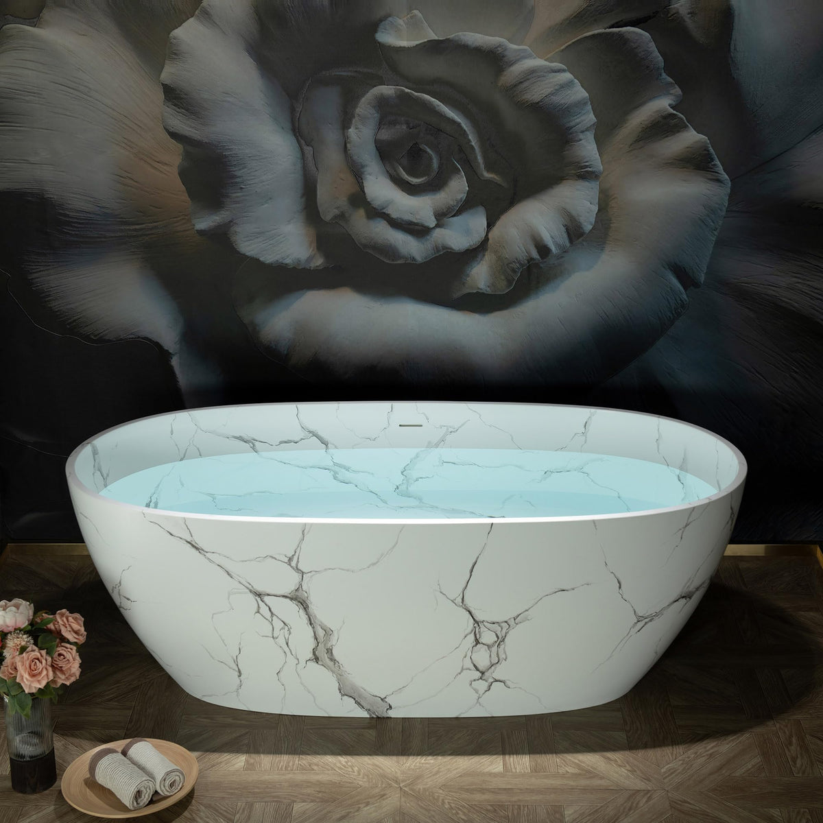 WOODBRIDGE 67" Marble-Pattern Stone Resin Freestanding Soaking Tub, Modern Oval Solid Surface Bathtub with Integrated Slotted Overflow & Drain, Matte Finish, CST0745