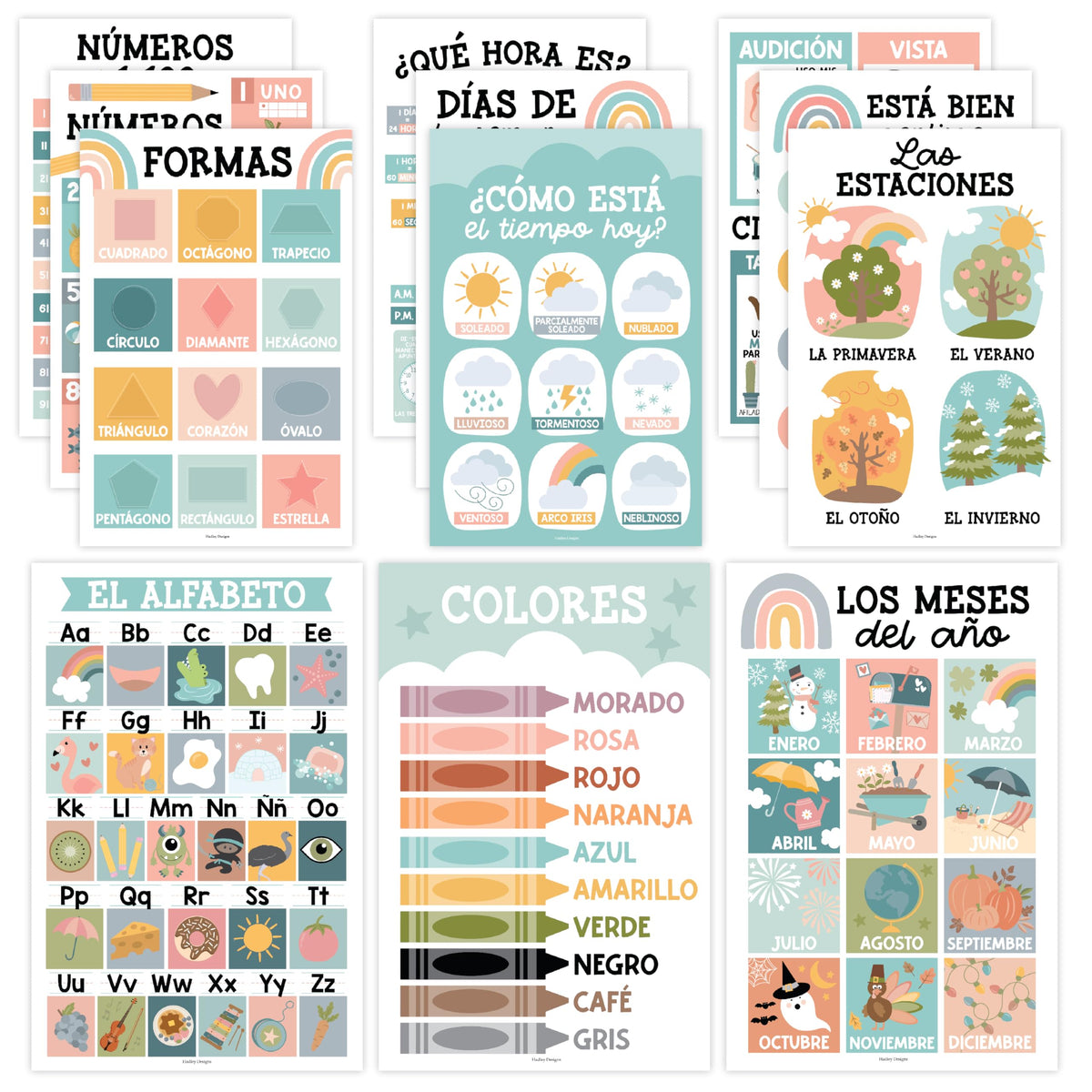 Hadley Designs Spanish Posters for Classroom - 12 Bilingual Educational Posters for Spanish Classroom Decorations Must Haves, Calendario y Alfabeto en Español Para la Pared, Boho Teacher Supplies