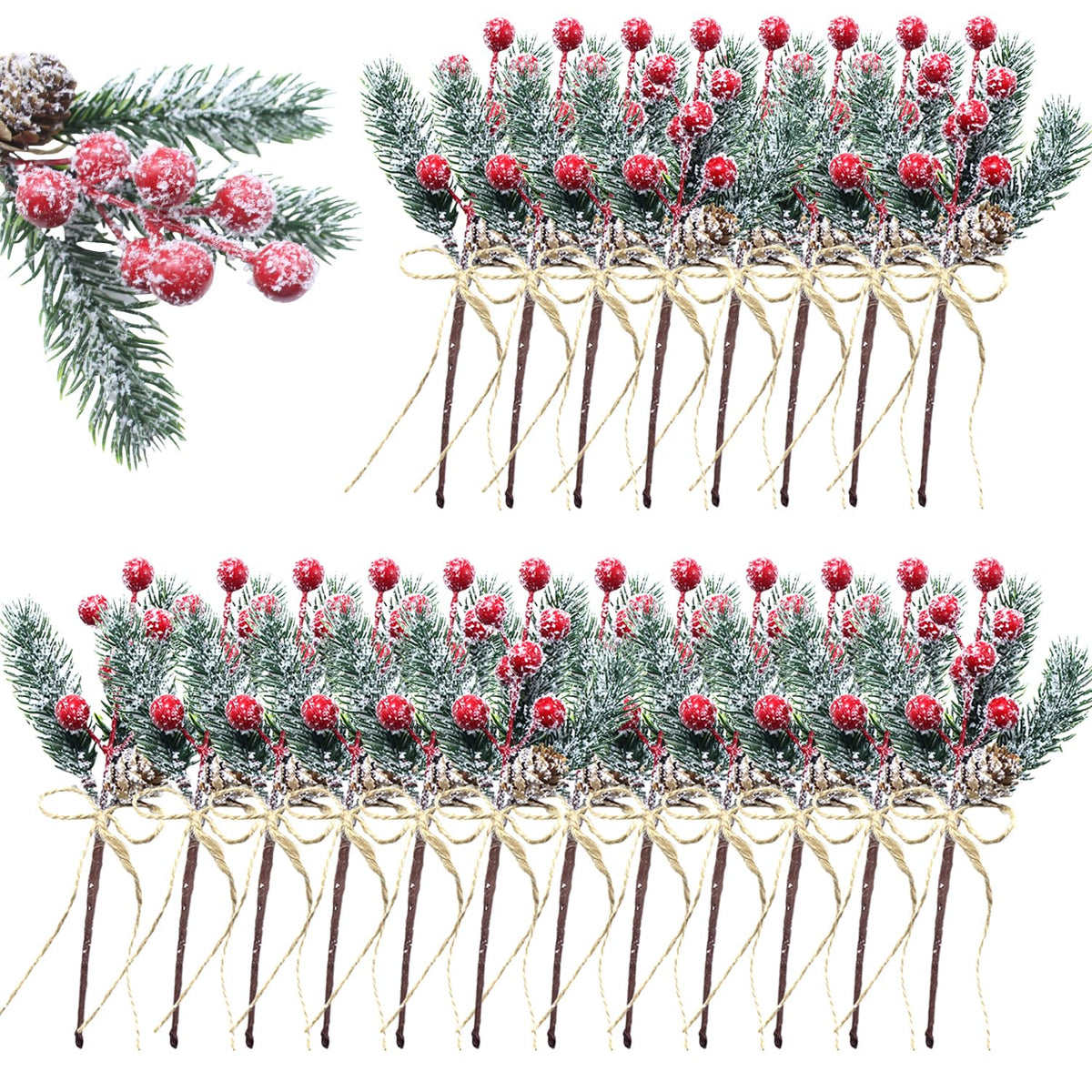 Christmas Floral Picks and Sprays, Pine Cones for Crafts, 20 Pack 8 Inch Christmas Flowers Picks, Red Berry Stems, Artificial Greenery for Holiday Wreaths, Garlands, Crafts, Gift Wrap (20)