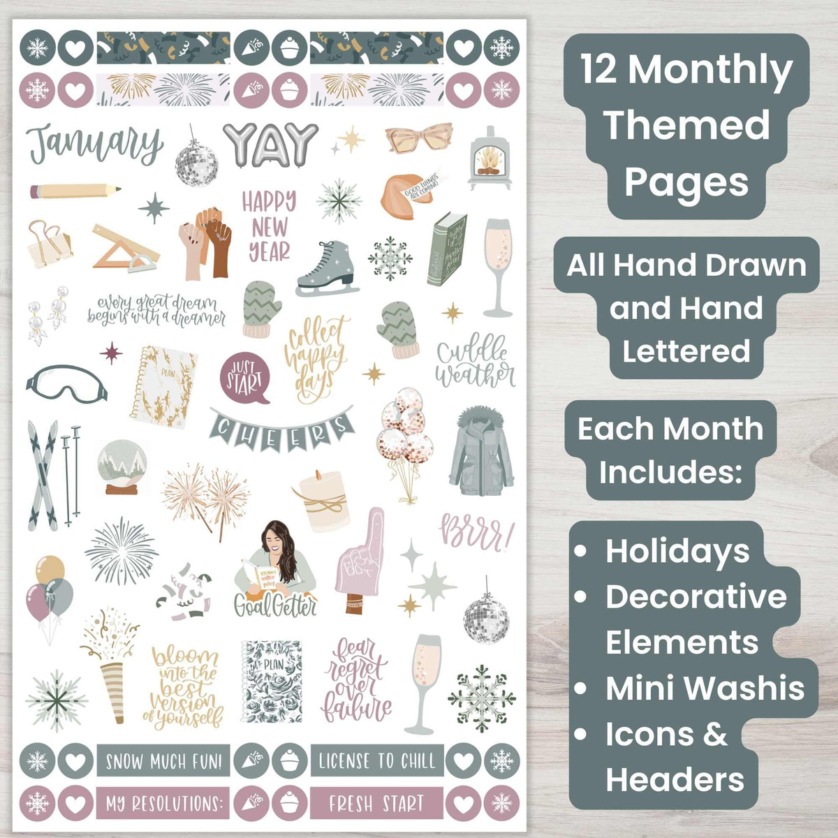 bloom daily planners Monthly Celebrations Planner Stickers for Calendar Decorating, Planning, Scrapbooking - Holiday, Seasonal, & General Events (14 Sheets, 1,150+ Stickers per Pack) - Cool Tones