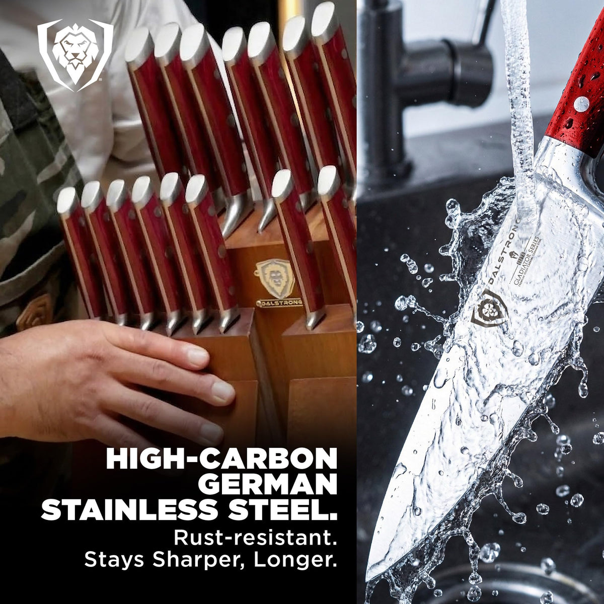 Dalstrong 18-Piece Gladiator Colossal Knife Block Set (Red Handles) — German High-Carbon Steel, Full-Tang, Hand-Sharpened — For Home Chefs, Wedding Registries & Serious Kitchens — Acacia Block, NSF