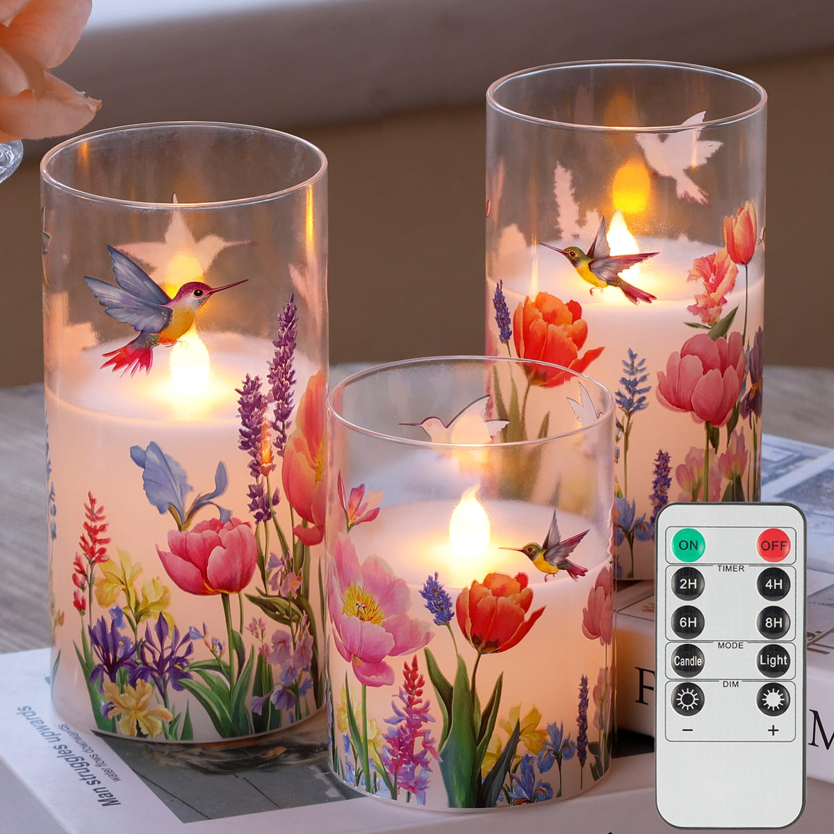AFINETH Glass Flameless Candles with Remote, Hummingbird Floral Battery Operated Candles, Flickering LED Pillar Candle for Wedding, Home, Party Gift, Set of 3