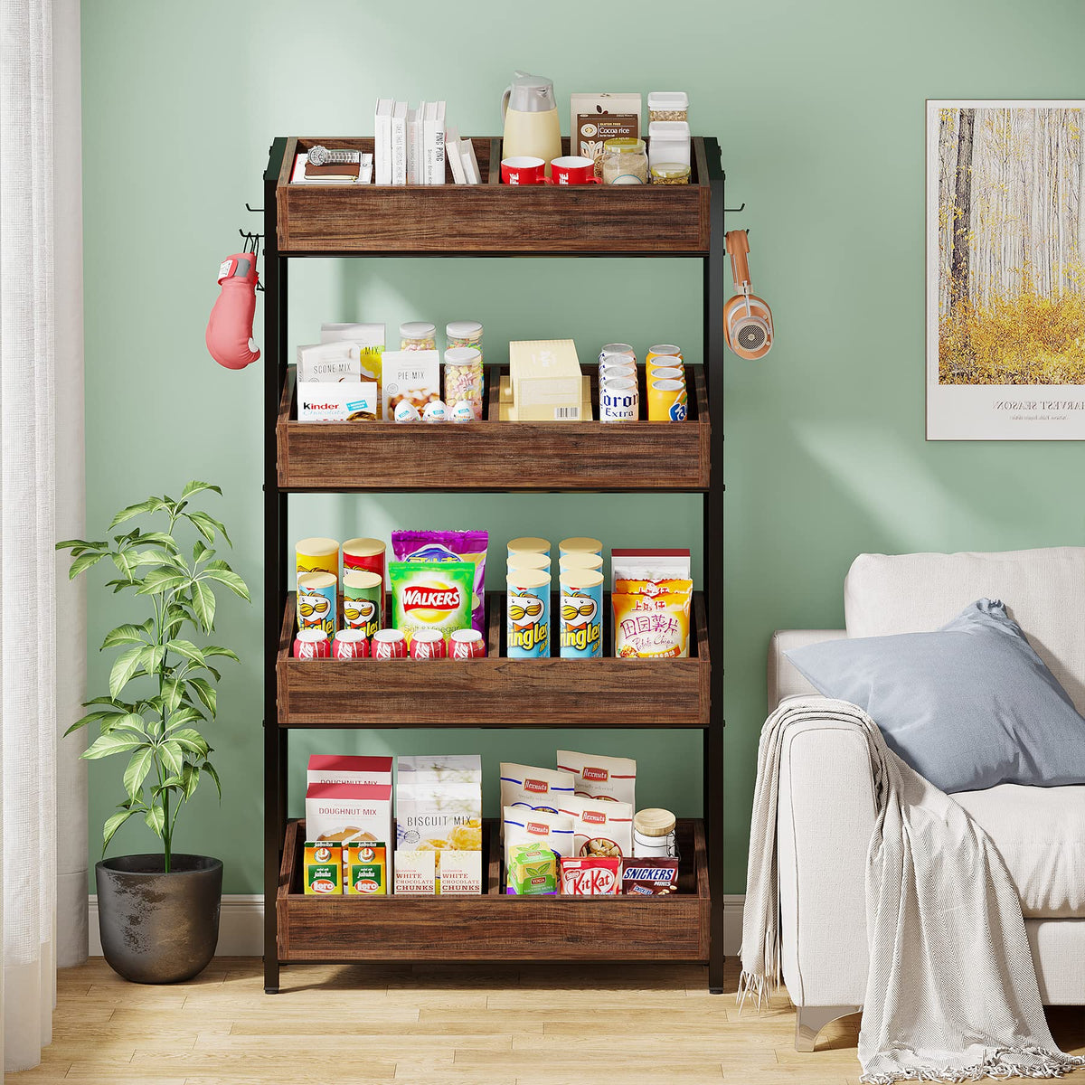 Tribesigns Wood Fruit and Vegetable Basket Stand Rack for Kitchen, Office, Store, Supremarket, Pantry Shelf Unit for Snacks, 4-Tier Wooden Utility Storage Shelves Set of 2 (Brown+Black)