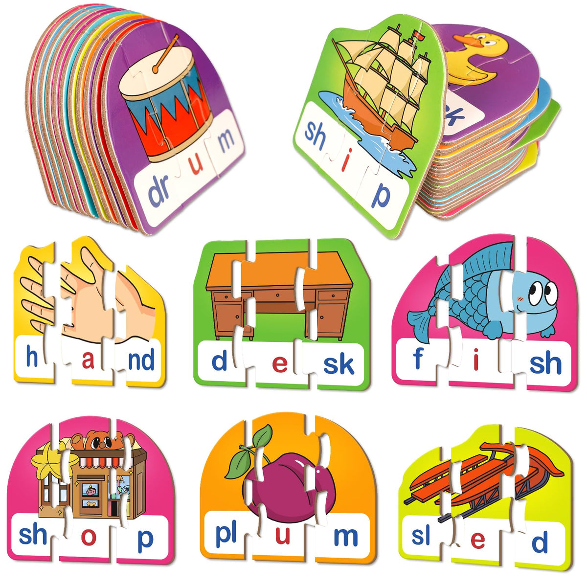 Kasfalci CVCC & CCVC Puzzle Cards for Kids - Word & Phonics Games, Speech Therapy Toys for Toddlers, 4 Alphabet Letter Word Puzzles, Learning Spelling Games
