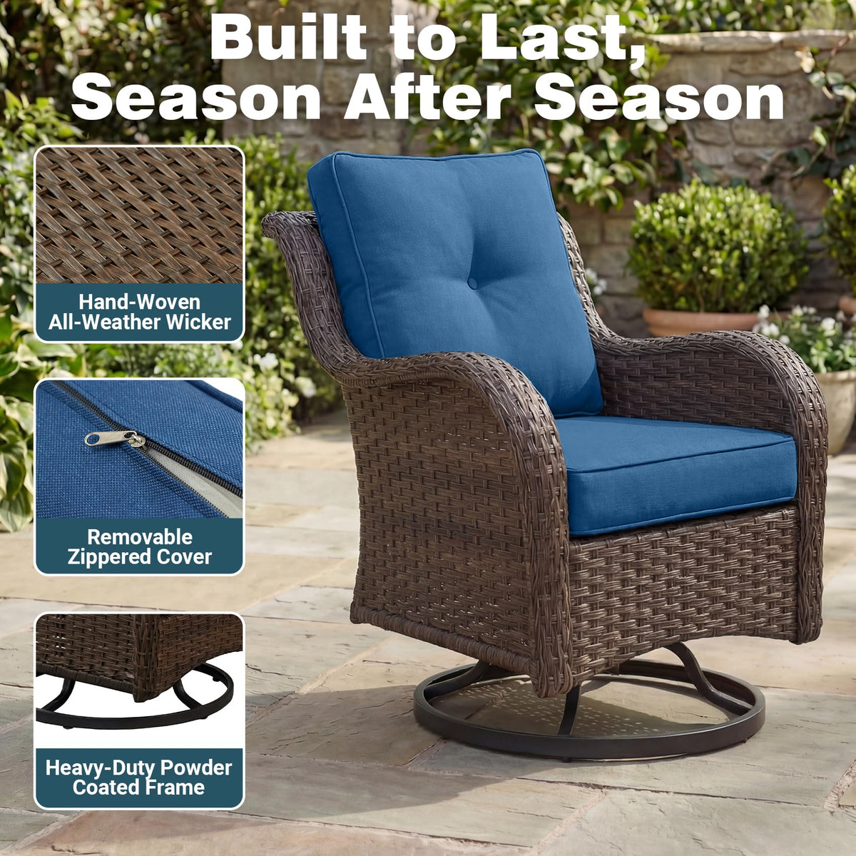 SAILARY Patio Furniture Set, 7PCS Outdoor Wicker Conversation Set with 6" Thick Cushions, High Back Rattan Sofa & Swivel Rocker Chairs, Weather Resistant Olefin Fabric for Garden, Poolside, Navy Blue