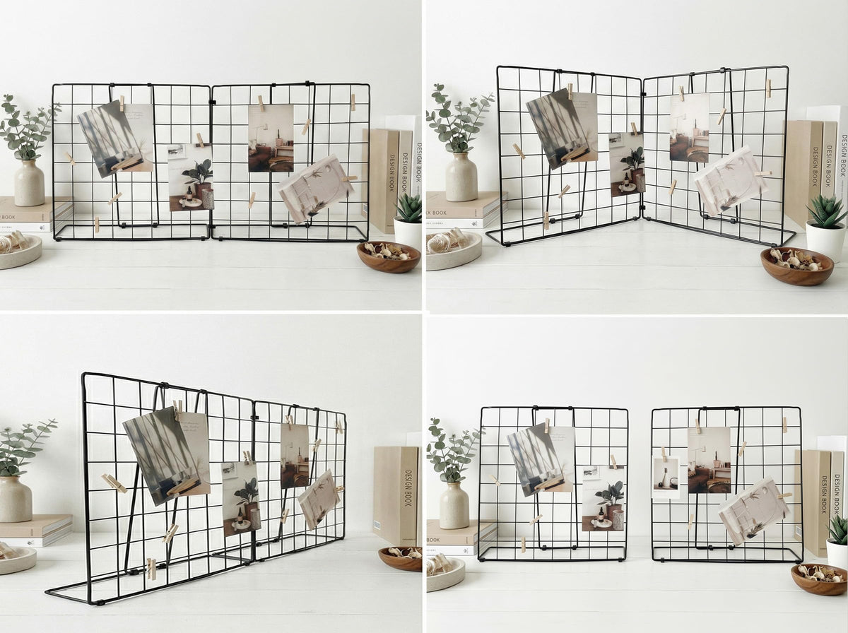 JAJAGOU Foldable Desktop Photo Display Rack & Grid Display Board with 20 Wooden Clips – Photo, Accessory & Handcraft Display Organizer for Home Office Black