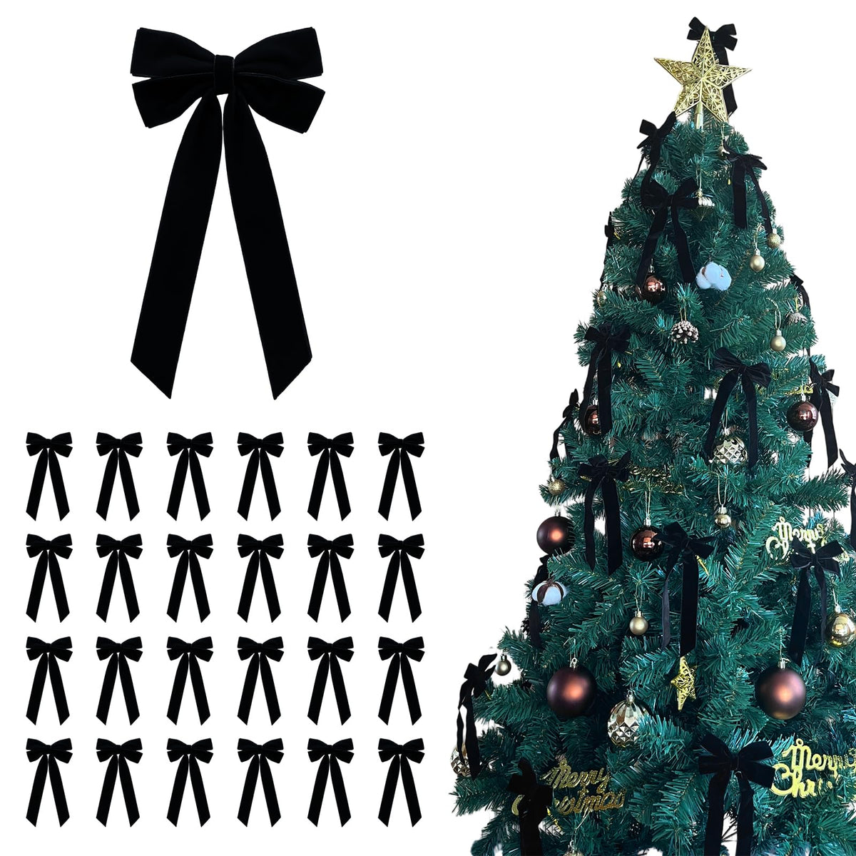 Aoyom 25Pcs Black Velvet Bows for Christmas Tree, 4 x 8 inch Xmas Ornaments with Pre-Made Twist Ties & Self-Adhesive, for Tree Cabinet Front Door Wreath Holiday Home Decor