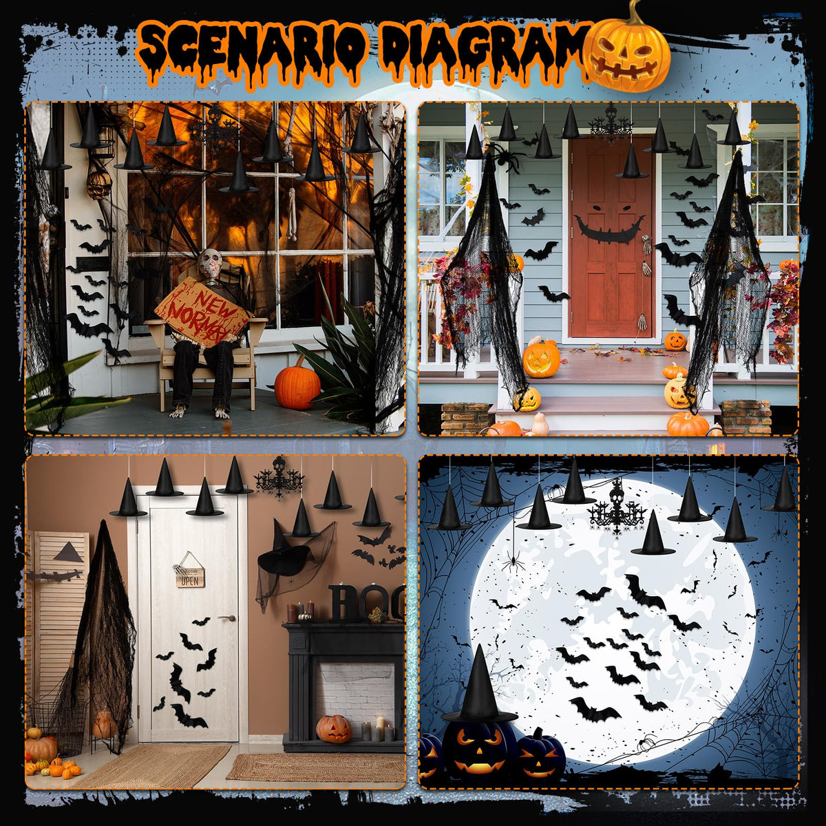 Dunzoom 52 Pcs Halloween Chandelier Decoration Hanging Ceiling Decorations Haunted House Including Skull Glitter Cardboard Ceiling Witch Hat Bat Horror Mesh for Halloween Haunted House Indoor Party