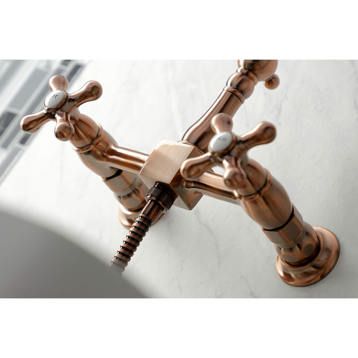 Kingston Brass KS124AXBSAC Heritage Wall Mount Bridge Kitchen Faucet with Brass Spray, Antique Copper
