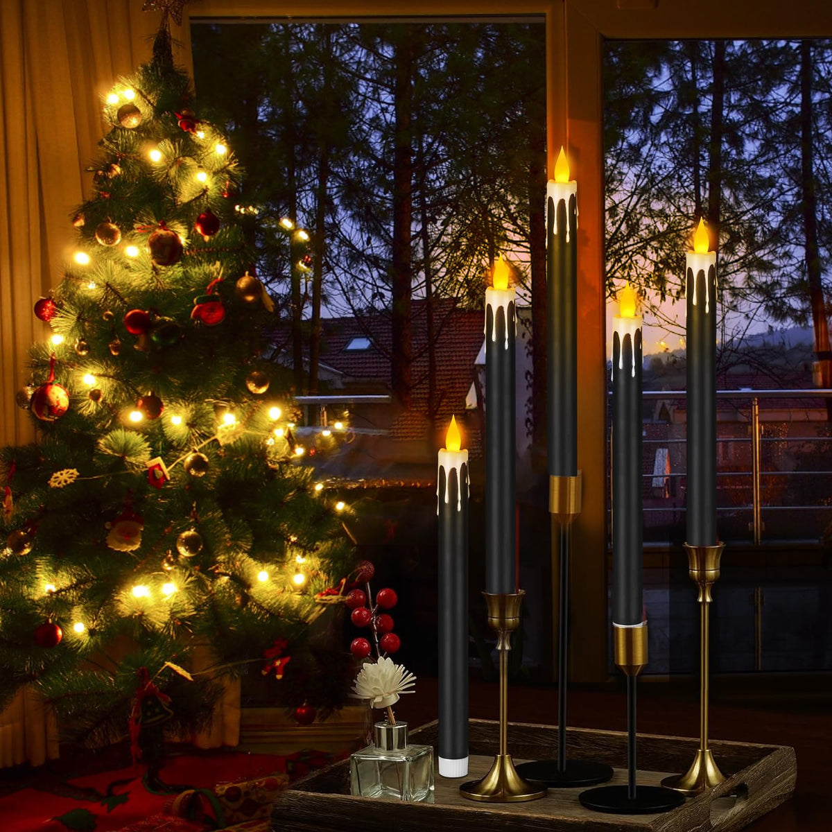 wemarry Flameless Taper Candles 10.6" Dripless Battery Operated Taper Candles Included Remote Timer 400+ Hours by 2AA Batteries for Halloween Christmas Wedding (Black+White, 24 Pack)