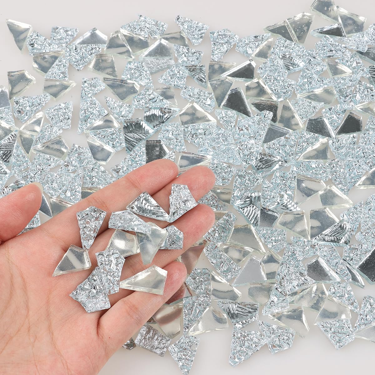 Yazikisa 1.1 lb Irregular Glass Mosaic Tiles for Crafts Bulk Silver Mirror Broken Tile Pieces Adults Kids Handmade DIY Art Making Supplies Scraps Flowerpots Vases Decoration