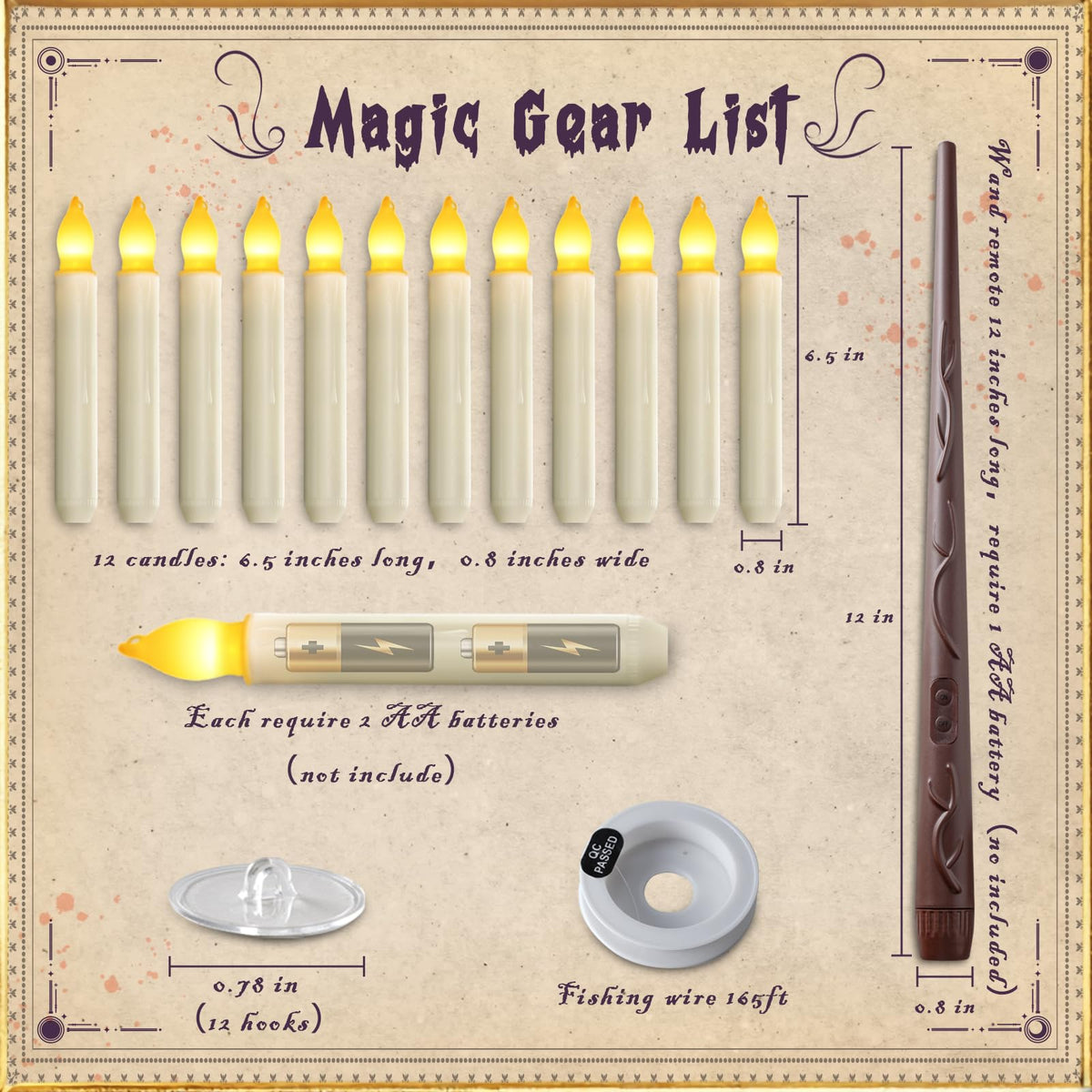 Homemory Floating Candle with Wand Remote, 12 Pcs Magical Candlesticks Witch Decors, Warm Yellow Flameless Taper Candles Battery Operated, LED Window Candle for Halloween Party Decor
