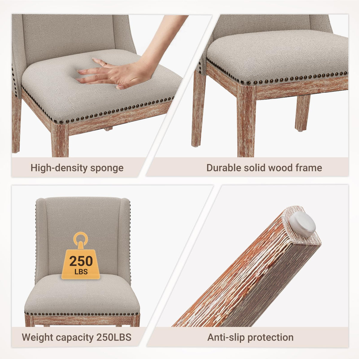 MALOL Upholstered Dining Chairs Set of 4, Premium Fabric Accent Chairs with Nailhead Trim, Curved Backrest & Solid Wood Legs for Dining Room, Kitchen & Living Space, Beige
