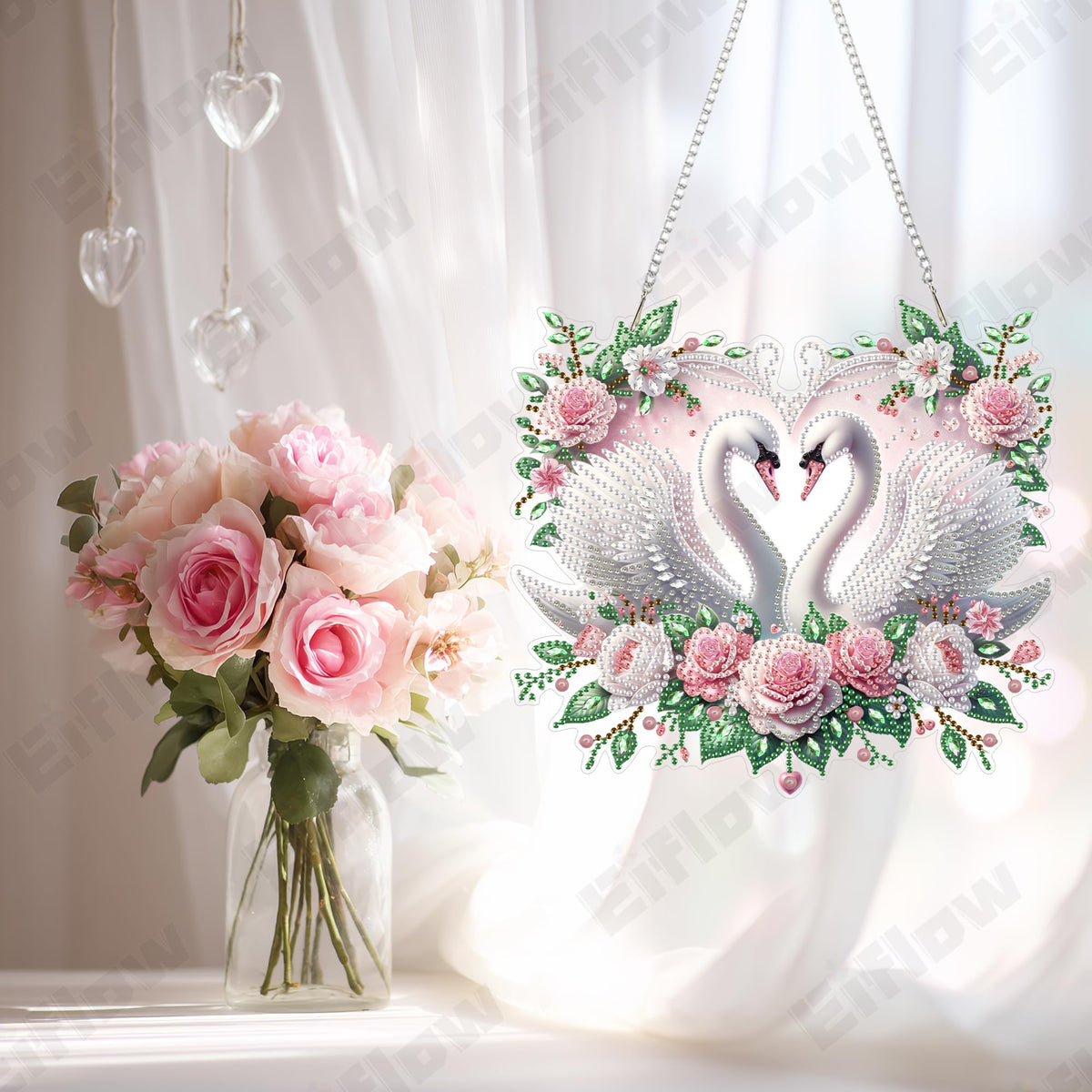 Eiflow Acrylic Diamond Art Hanging Kit for Adults Love, DIY Diamonds Painting Door Hanger Board Kit, Special Crystal Diamond Art Painting Pendant Ornament (Swans)