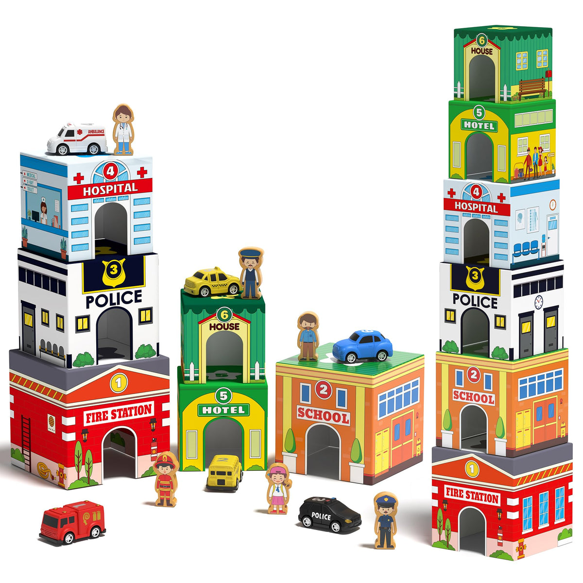 Coogam Montessori Sorting & Stacking Blocks with Nesting Garages Cars, Stackable Number Boxes for Toddlers Learning Community Helpers, Preschool Educational Toy Gift for 2 3 4 Year Old Baby