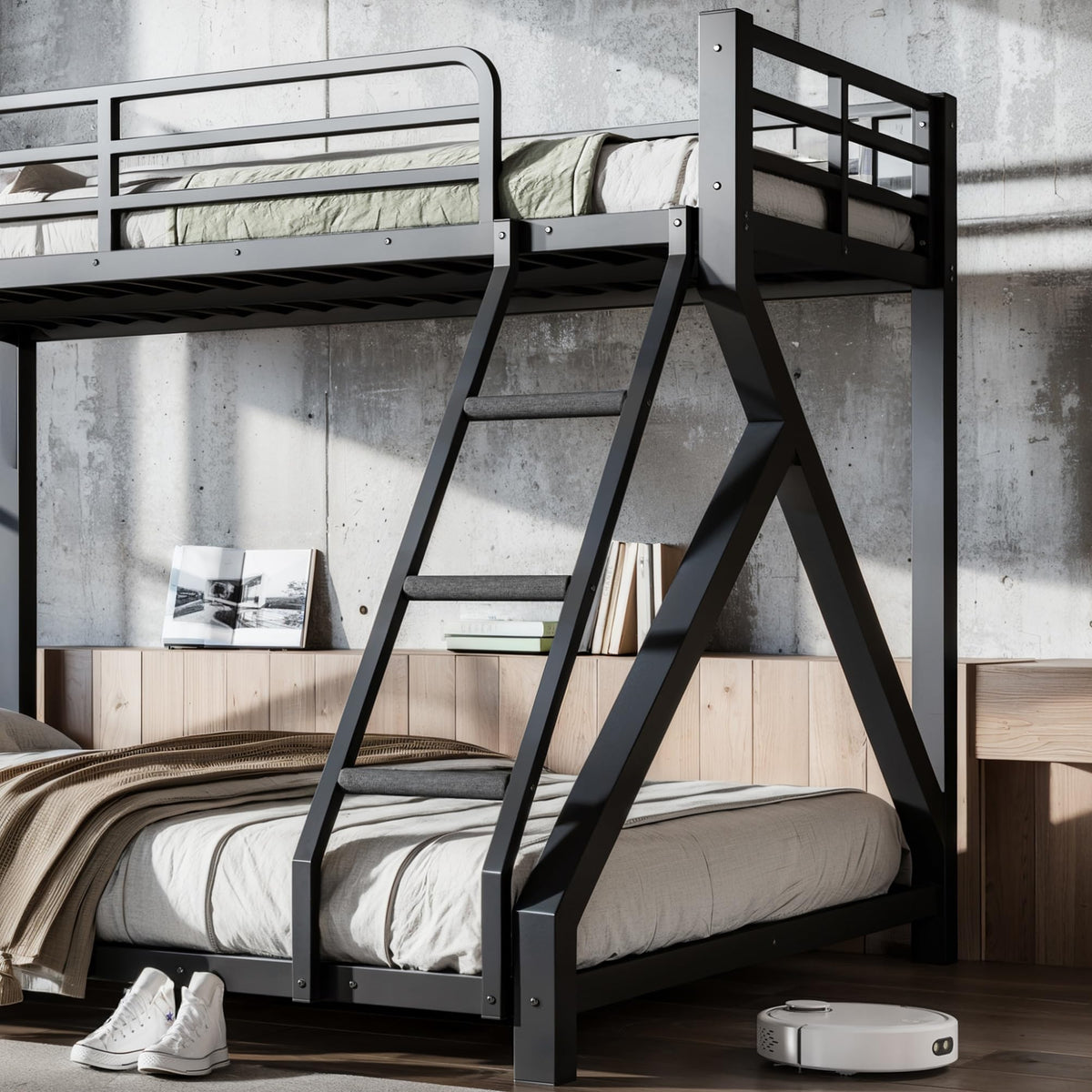 QLUSAN Latest Upgraded & Stronger Heavy Duty Metal Twin XL Over Queen Size Bunk Bed, Safer Thickened More Stable Bunkbed (Greater Weight Capacity) (Twin XL Over Queen (A),Black)