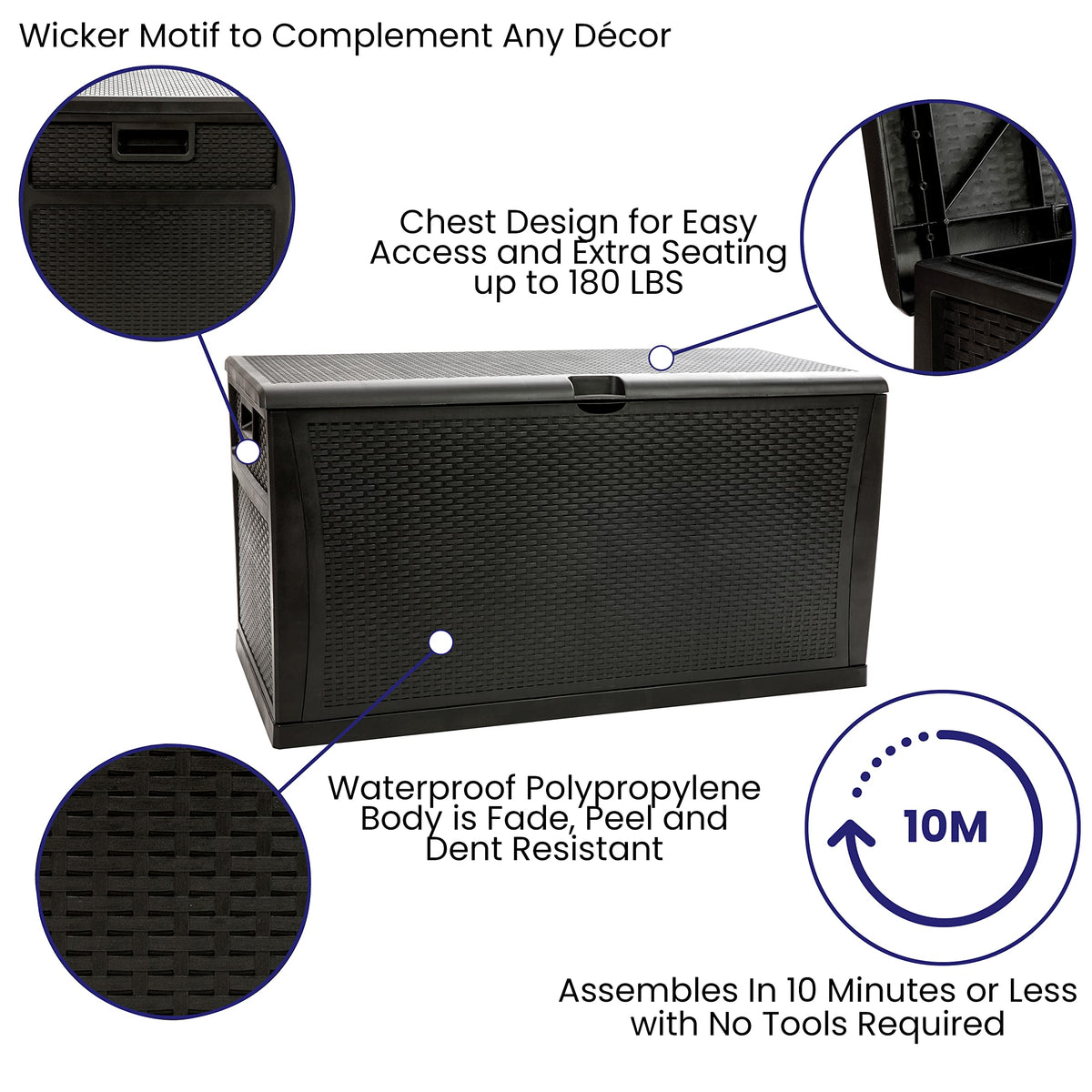 Flash Furniture 120 Gallon Plastic Deck Box - All-Weather Patio Storage and Organization for Throw Pillows, Pool Toys or Garden Tools