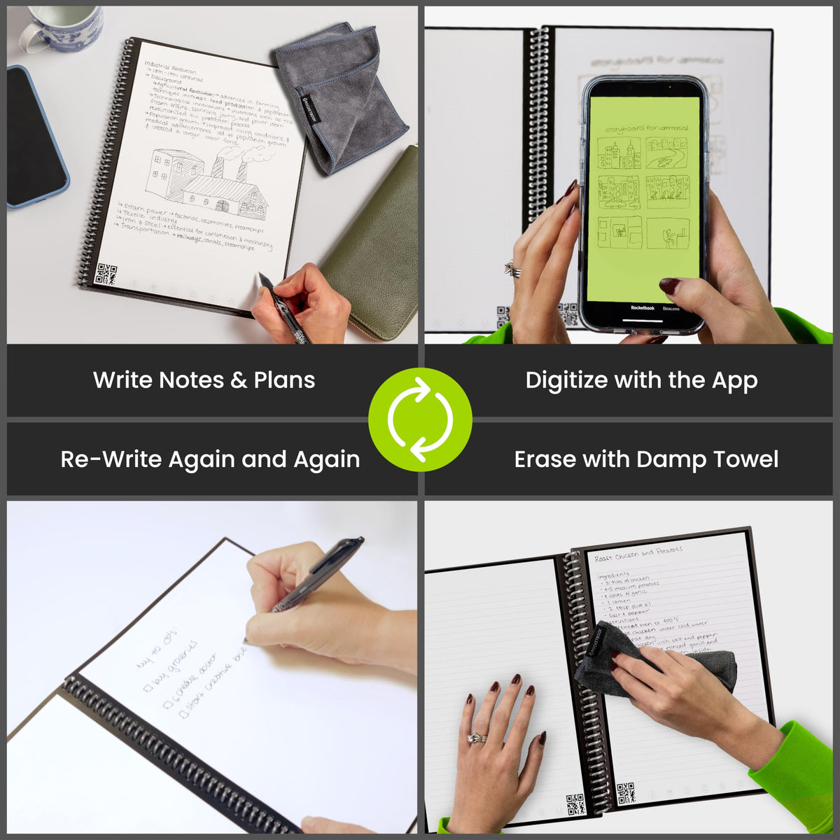 Rocketbook Core Reusable Spiral Notebook, Executive Size 6x8.8, Black - Lined Pages, App-Connected, Erasable, Durable Cover, Ideal for School, Work, and Creative Projects