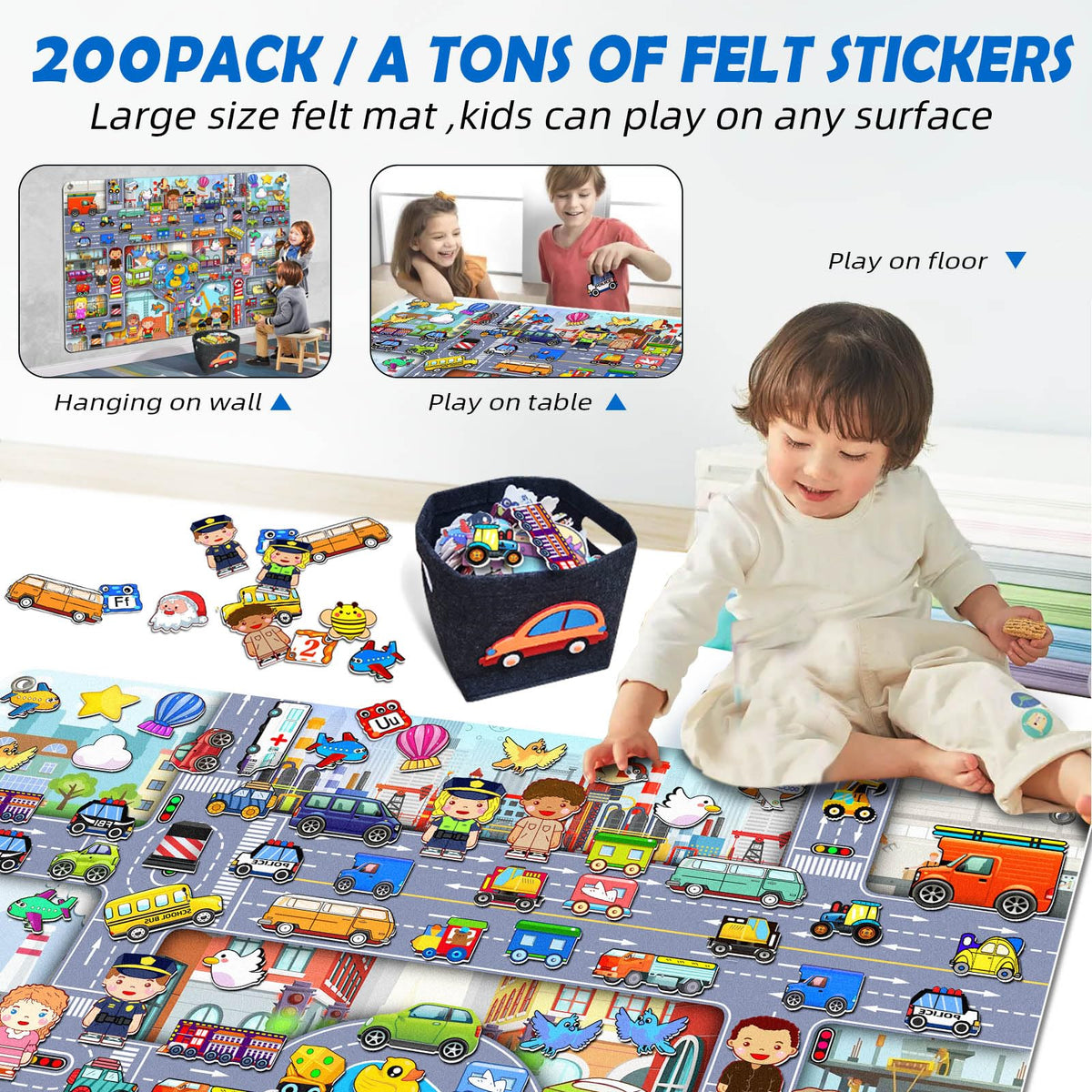 200 PCS Felt Board Story Set for Toddlers with Storage Bag City Traffic Themed Flannel Sensory Board Wall Interactive Storytelling Teaching Play Activity Kits 40x28 inch(Lightgrey)
