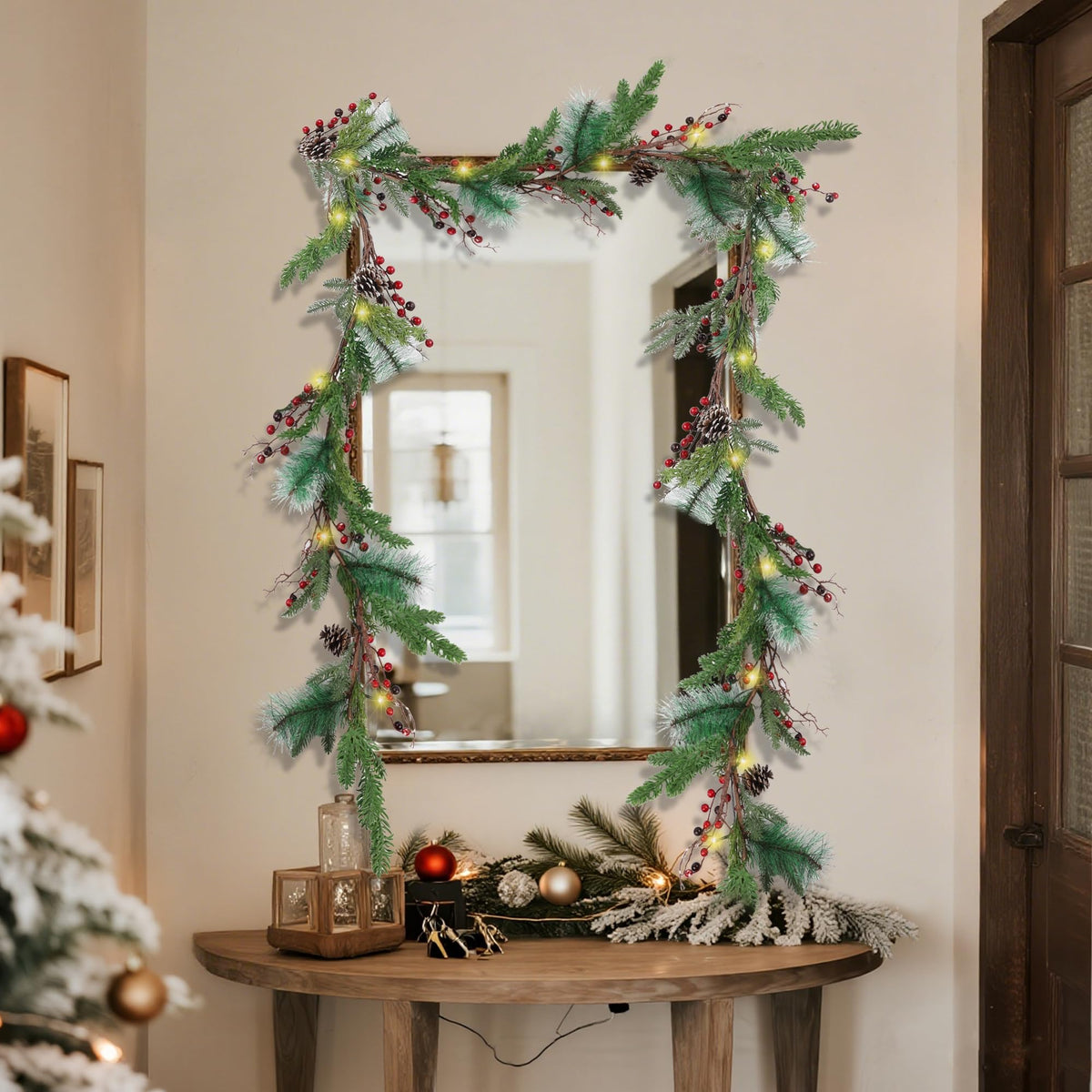 winemana 6 FT Pre-lit Artificial Christmas Garland with 20 LED Lights, Battery Powered with Pine Cones, Red Berries, Pine Needles, Lighted Christmas Garlands for Fireplace Mantle Holiday Decorations