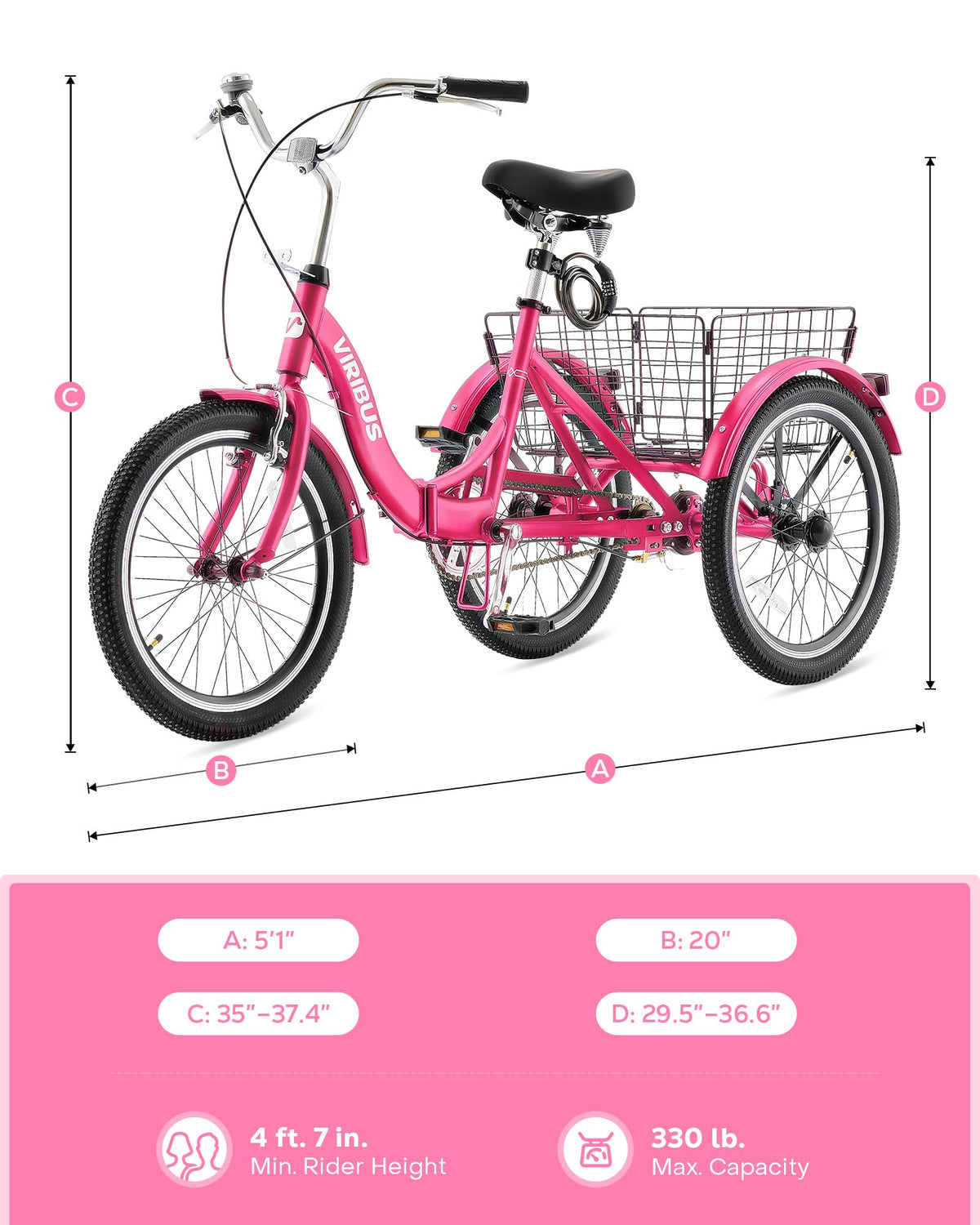 VIRIBUS Folding Tricycle for Adults, 20 inch Foldable Adult Tricycle, Folding 3 Wheel Bikes with Basket for Short Women Seniors, 1 Speed Collapsible Trike 330lb. Capacity, Three Wheeler Hot Pink