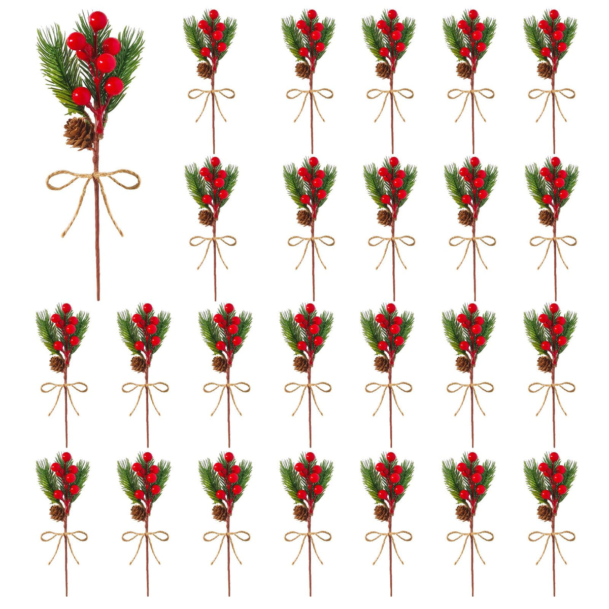JOINCCI 25PCS Christmas Floral Picks - Artificial Greenery Stems with Pine Cones & Red Berries for DIY Xmas Wreaths, Garlands, Tree Decor, Holiday Centerpiece and Home Decor (8.66 Inch)
