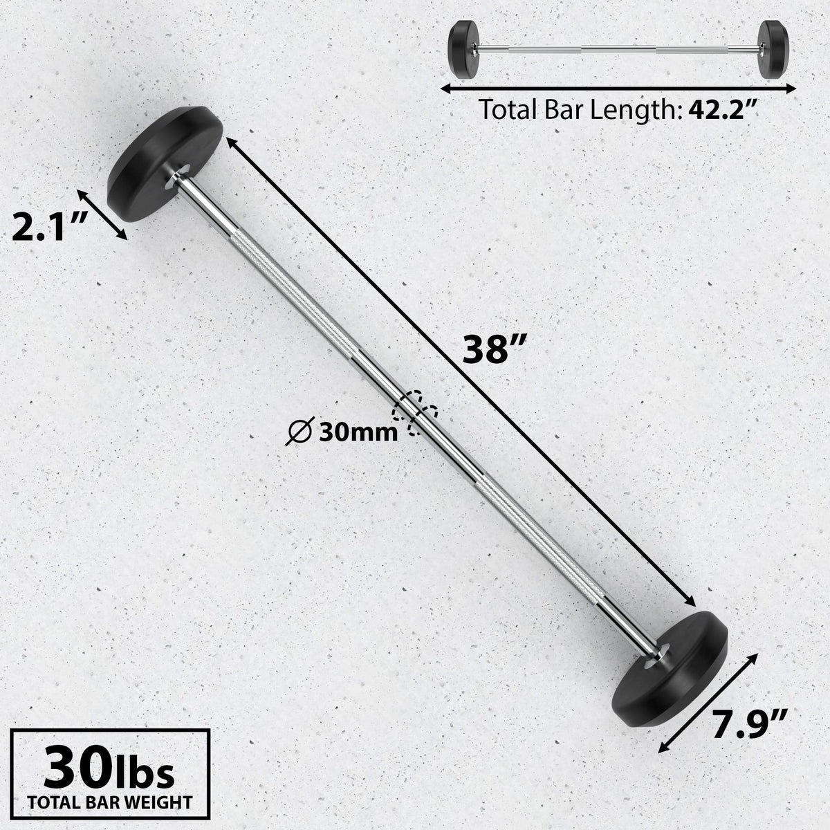 Synergee Fixed 30LB Barbell - Pre Weighted Straight Steel Bar with Rubber Weights - Fixed Weight