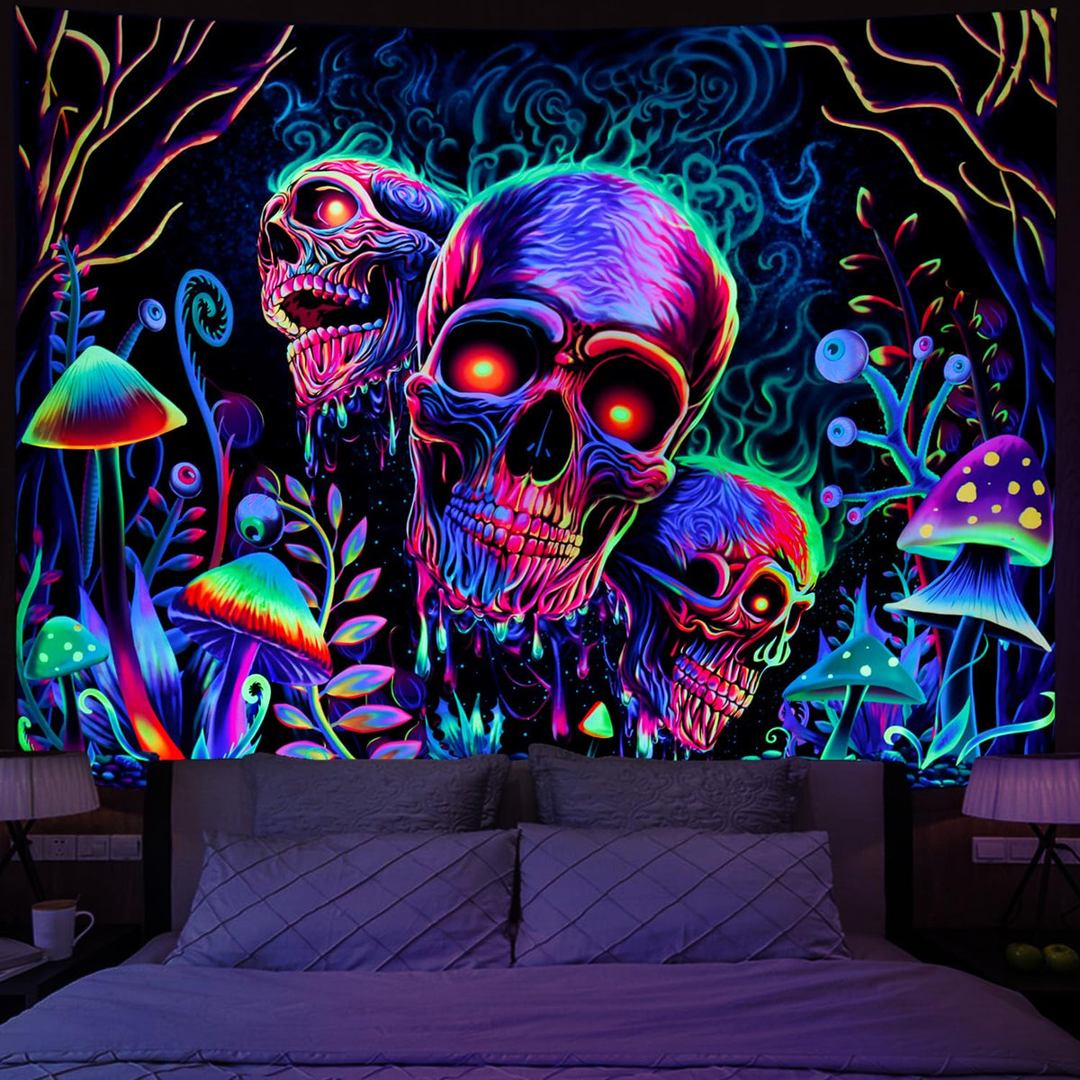 Amonercvita Blacklight Skull Tapestry Trippy Skeleton Wall Tapestries UV Reactive Neon Plants Trees Tapestries Aesthetic Galaxy Space Tapestry Wall Hanging for Bedroom Decor(W59.1×H78.7 inches)