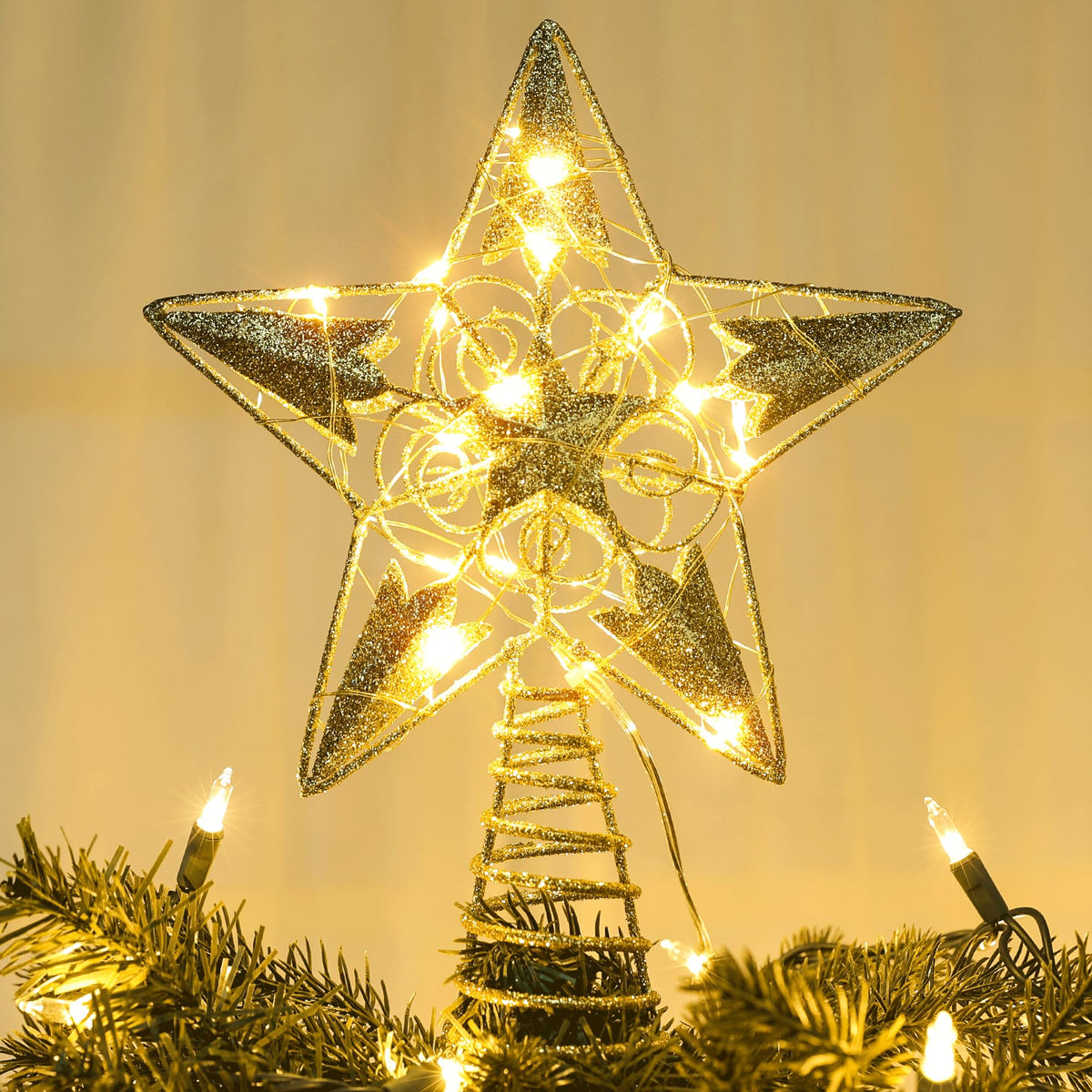 Brizled Gold Christmas Tree Topper Lights, 8" Hollow-Out Star Tree Topper with 20 LED Warm White Lights, Battery Powered Xmas Tree Topper 5 Point Star Treetop for Christmas Tree Home Party Decor