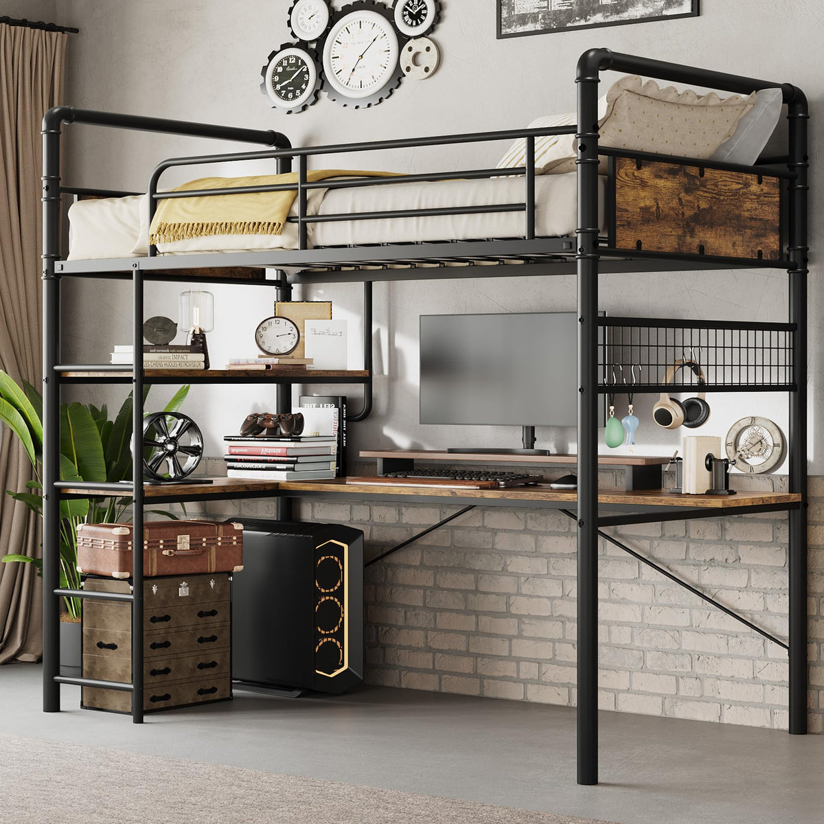 GarveeHome Loft Bunk Bed with L-Shaped Desk, Twin Loft Bed with Desk Underneath, Metal Bunk Beds with High Guardrail and Ladder for Kids/Teens/Adults, Easy Assembly, Vintage Brown
