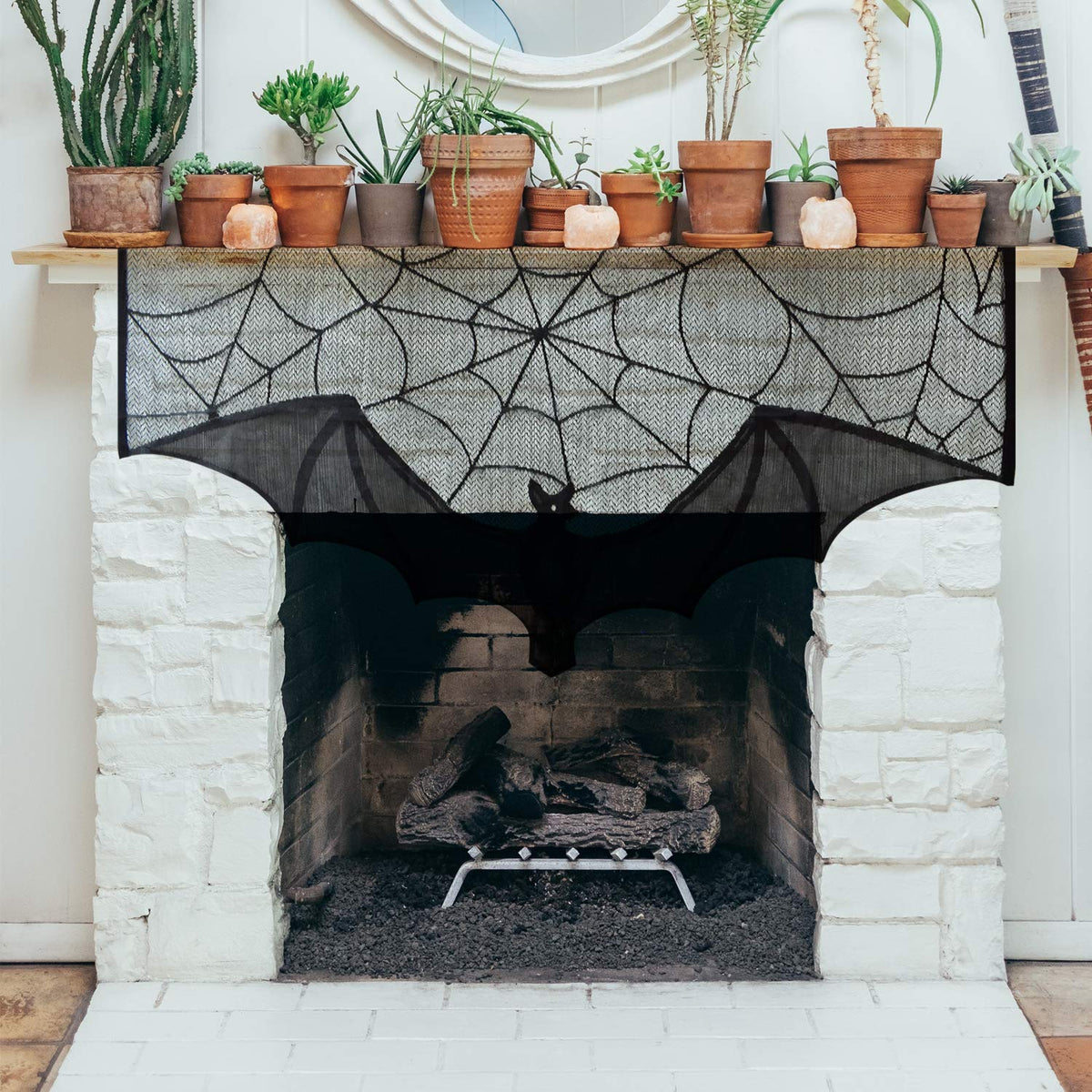 ZeeDix 2 Pcs Halloween Black Lace Bat Window Curtains- Spiderweb Tablecloth Bat Shower Curtain Window Valance Spider Cobweb Fireplace Mantles Scarf for Halloween Party Decor, Party Supplies