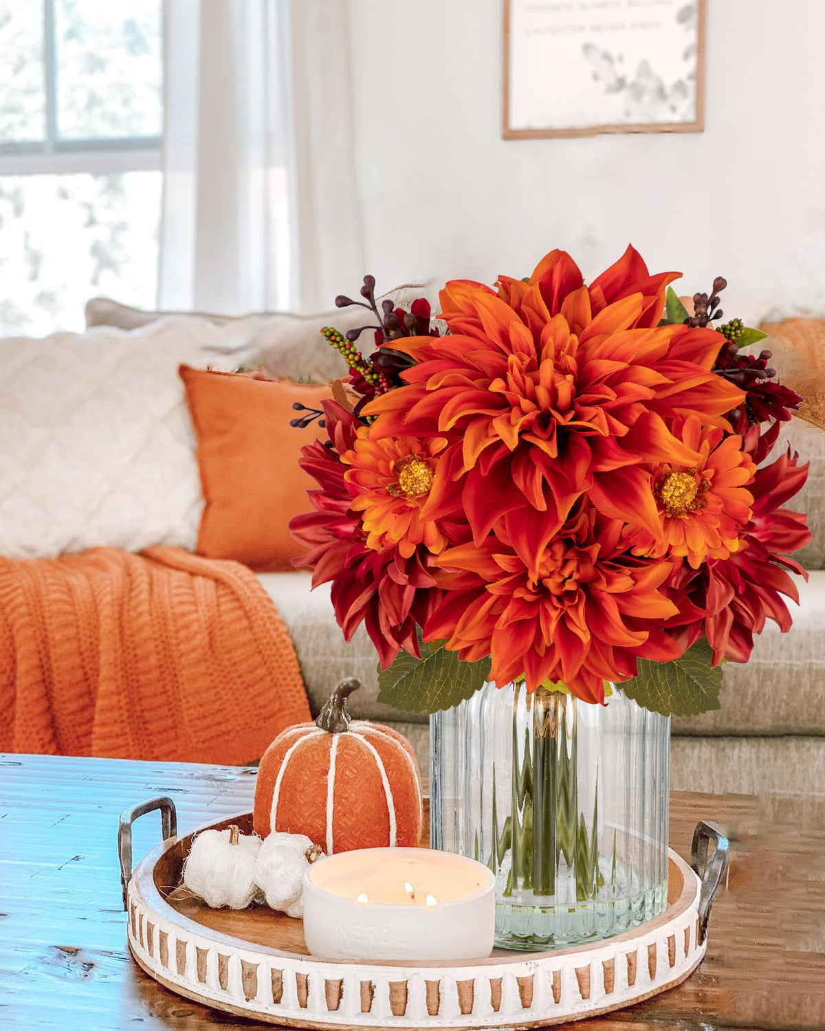 Briful Fake Fall Flowers with Vase, Artificial Dahlia & Mum Silk Floral Arrangement with Glass Vase Faux Autumn Flowers Bouquet for Home Office Room Coffee Table Centerpiece Wedding Decoration