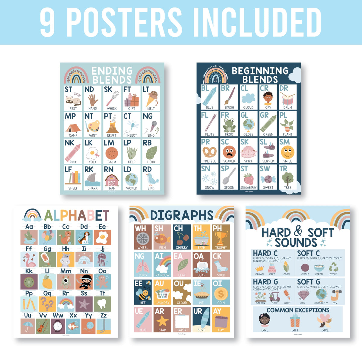 Hadley Designs Phonics Posters for Classroom Must Haves - 9 Sound Wall for Kindergarten & Elementary Teacher Supplies, Syllable, Vowels, Digraphs & Blends Bulletin Board Set, Boho Classrom Decor