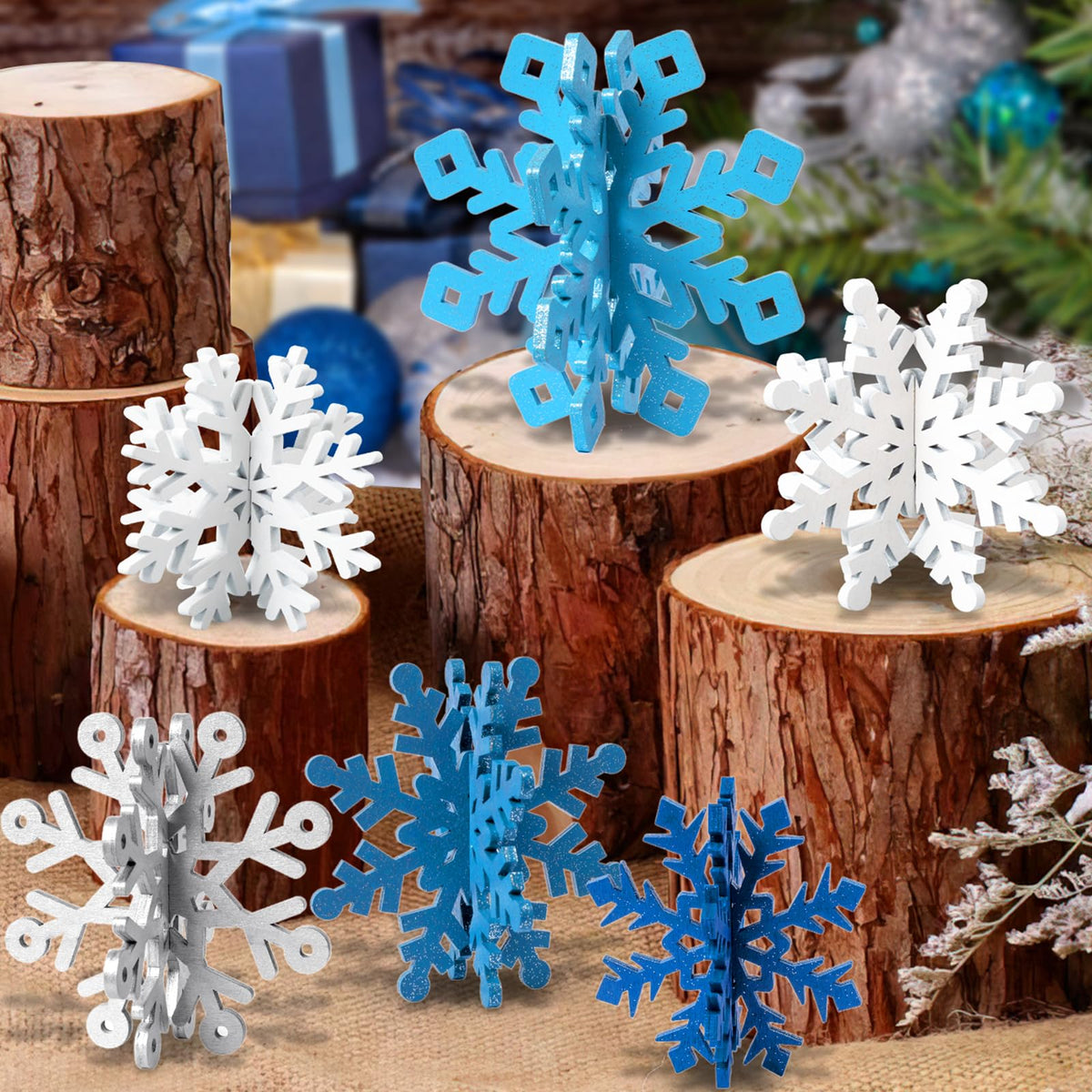 OuMuaMua 12 Set Winter Christmas Centerpiece Table Decorations - 24pcs Wooden Snowflakes Decor 3D White Blue Snowflake Tabletop Decor for Xmas Holiday Tiered Tray Winter Farmhouse Home Decor