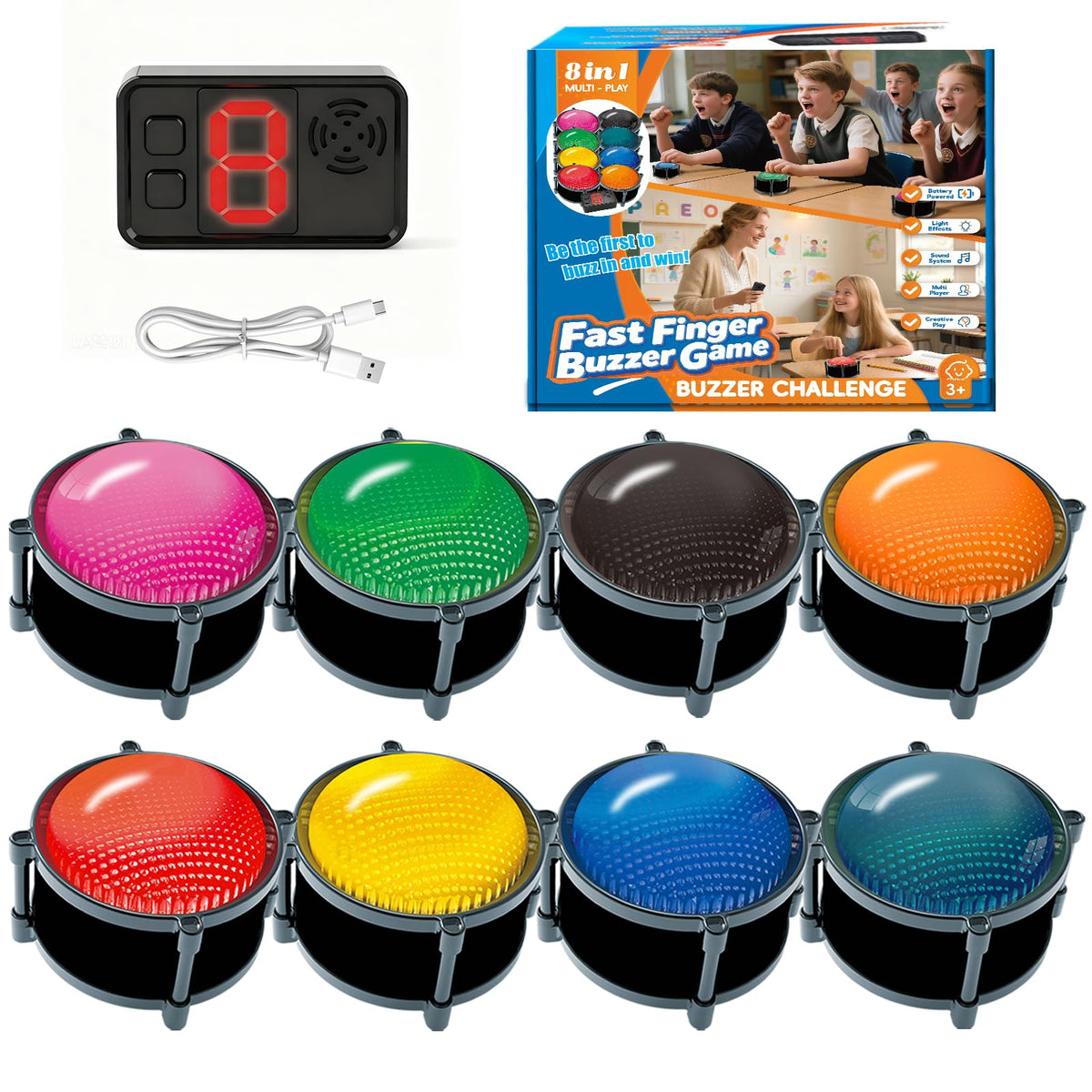 Set of 8 Buzzer for Game Show, Educational and Classroom Quiz, Family Games Night, Jeopardy Trivia, Show Who Buzzed First, 4 Modes, 50m(164Ft)-Buzzer System for Game Show, School