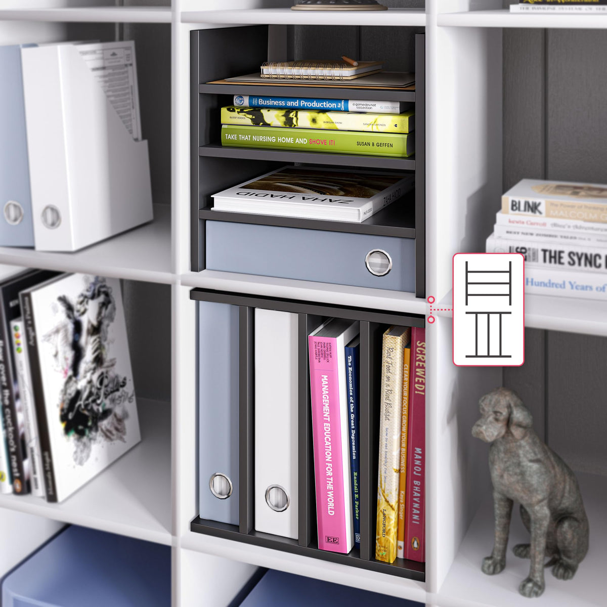 Ballucci 4-Tier Paper Sorter and File Organizer for Desk, Wood Mail Sorter, Fits into IKEA Kallax and ClosetMaid Cube Storage Shelves, Paper Tray, Mail Holder Stand for Classroom, Office, Black