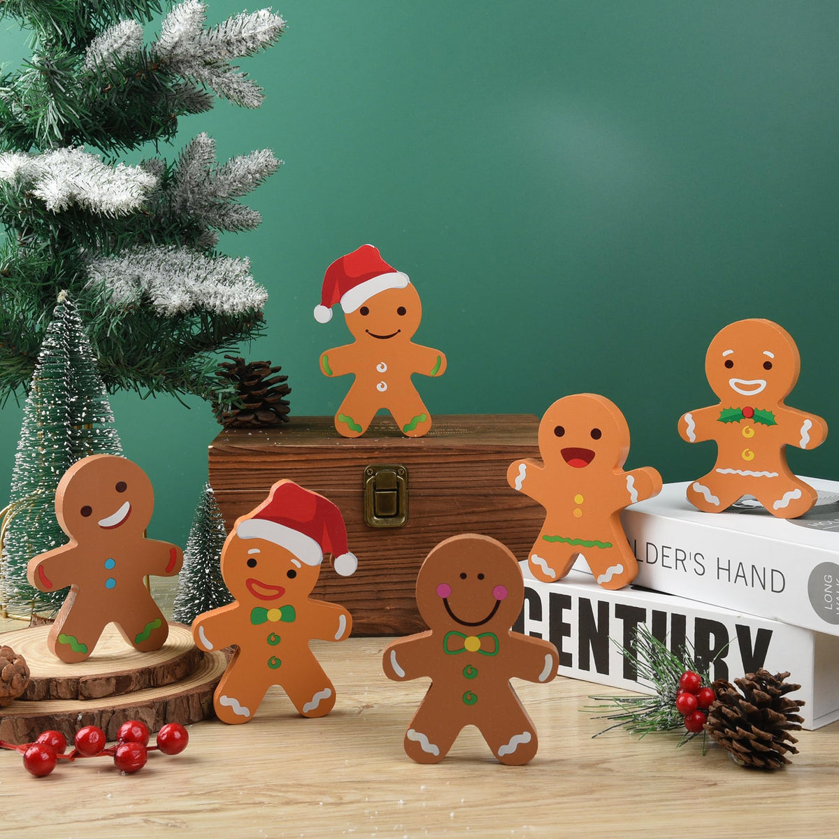 AllReal 6 Pcs Gingerbread Christmas Decorations Xmas Gingerbread Man Wooden Signs Farmhouse Decorative Winter Tabletop for Tiered Tray Holiday Party House Decor