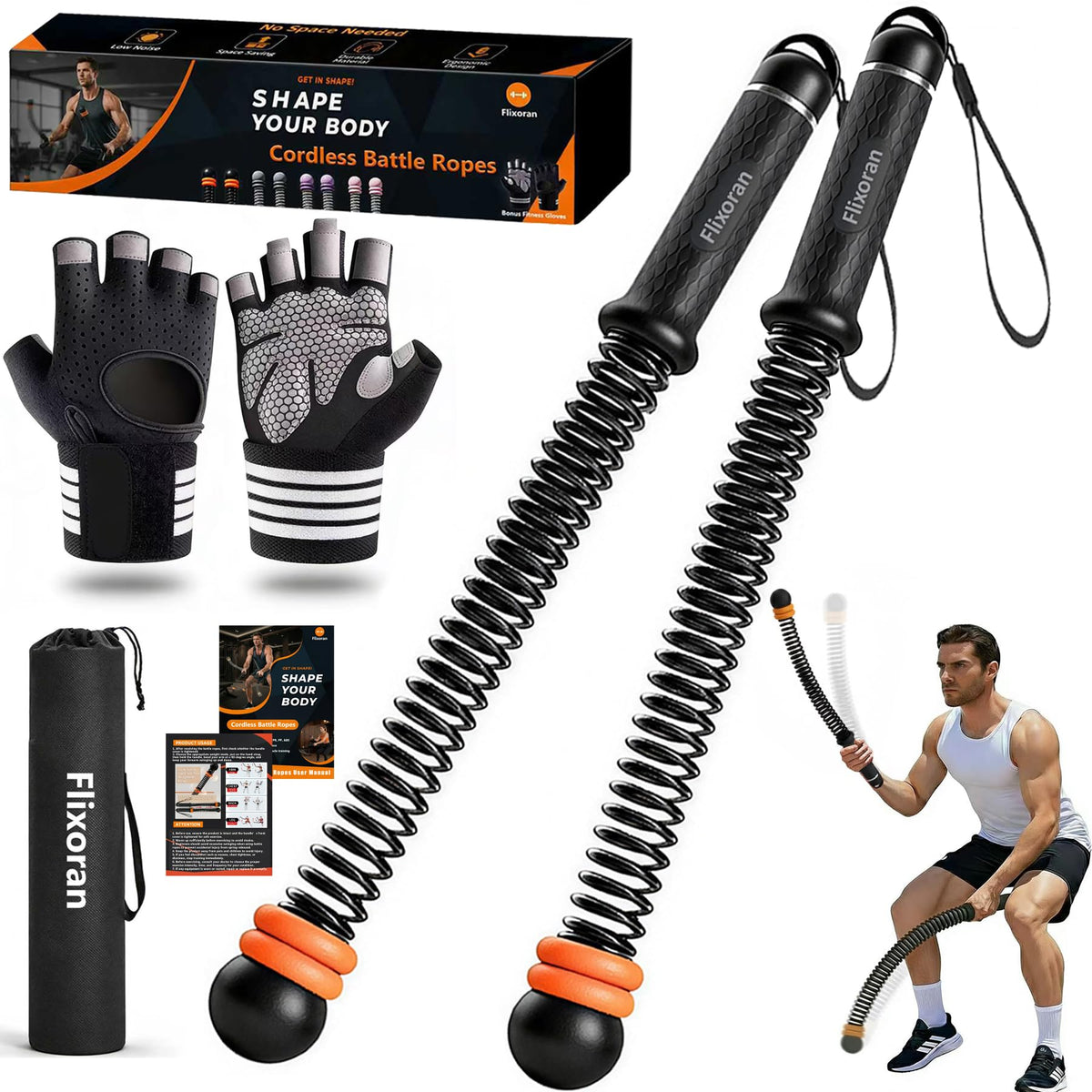 Cordless Battle Ropes Adjustable Trainer, Ropeless Weighted Portable Exercise Equipment for Home Gym Workouts, Compact Arm Strength for Men Women, Heavy Flex Rope Stick Fitness Gift