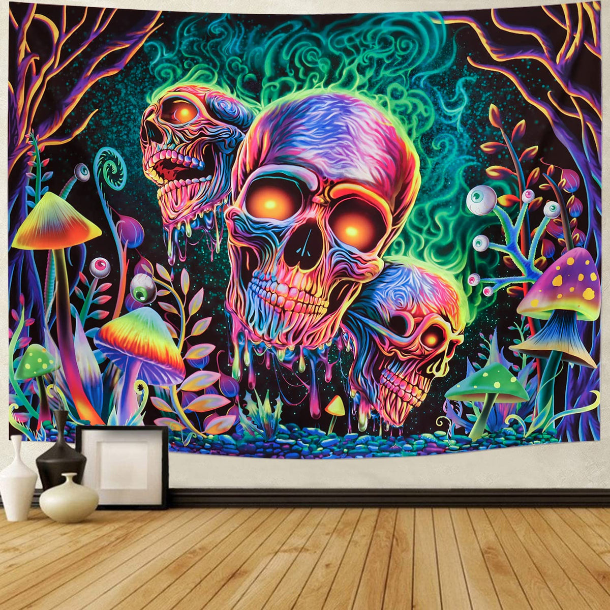 Amonercvita Blacklight Skull Tapestry Trippy Skeleton Wall Tapestries UV Reactive Neon Plants Trees Tapestries Aesthetic Galaxy Space Tapestry Wall Hanging for Bedroom Decor(W59.1×H78.7 inches)
